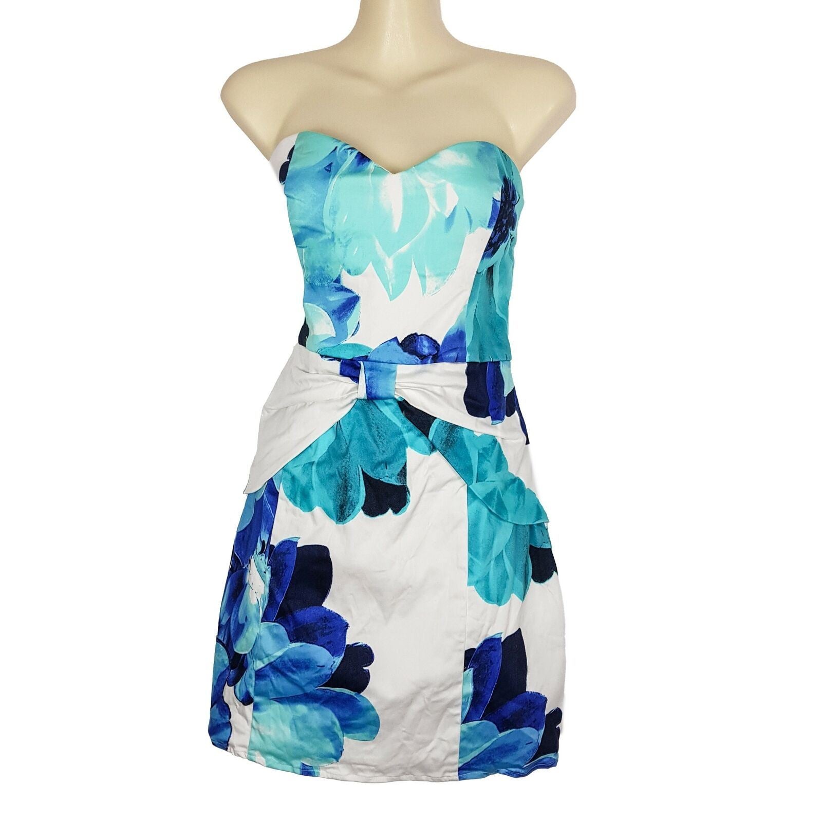 Dotti Tube Strapless Sheath Fit & Flare Dress Sweetheart Floral Blue White 14