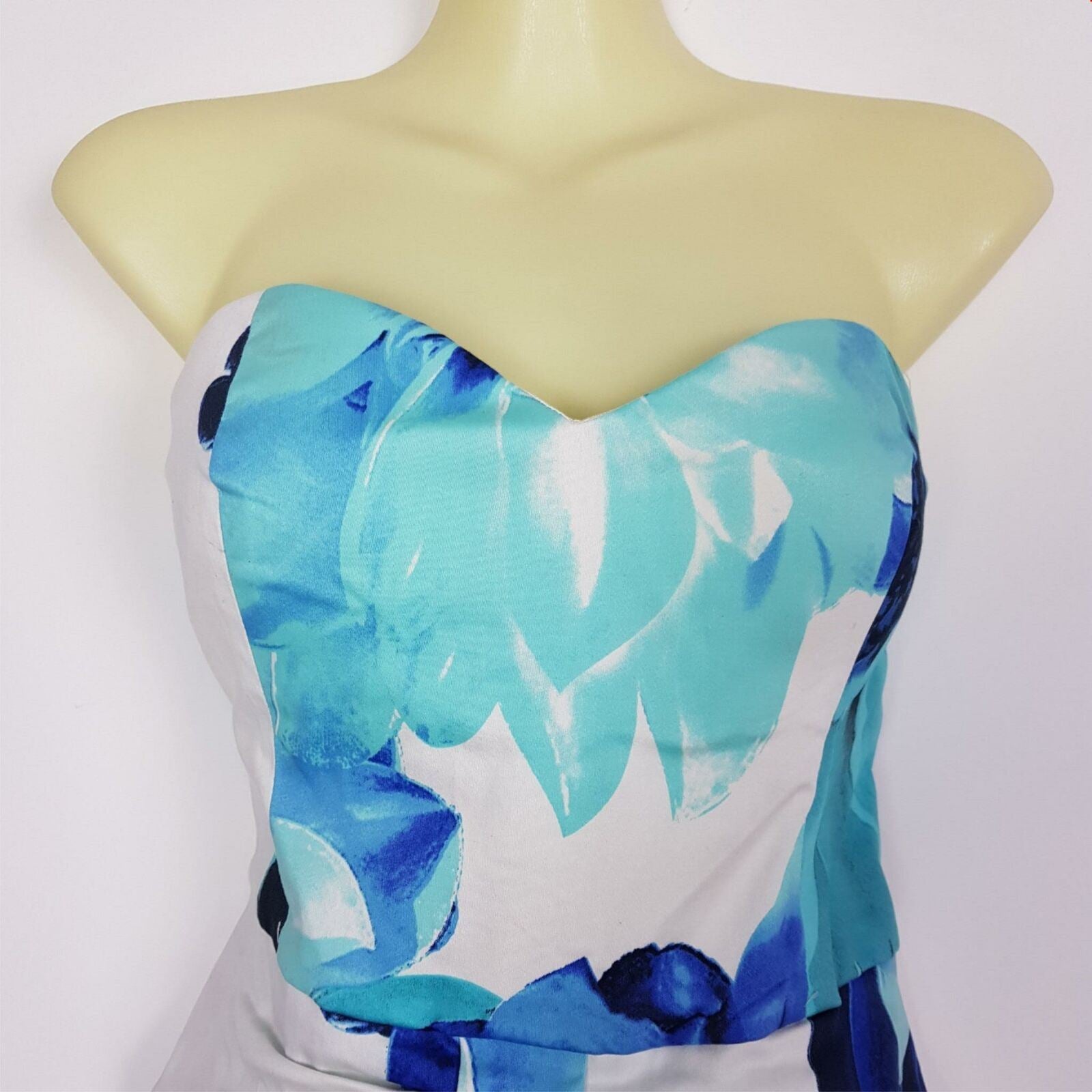 Dotti Tube Strapless Sheath Fit & Flare Dress Sweetheart Floral Blue White 14