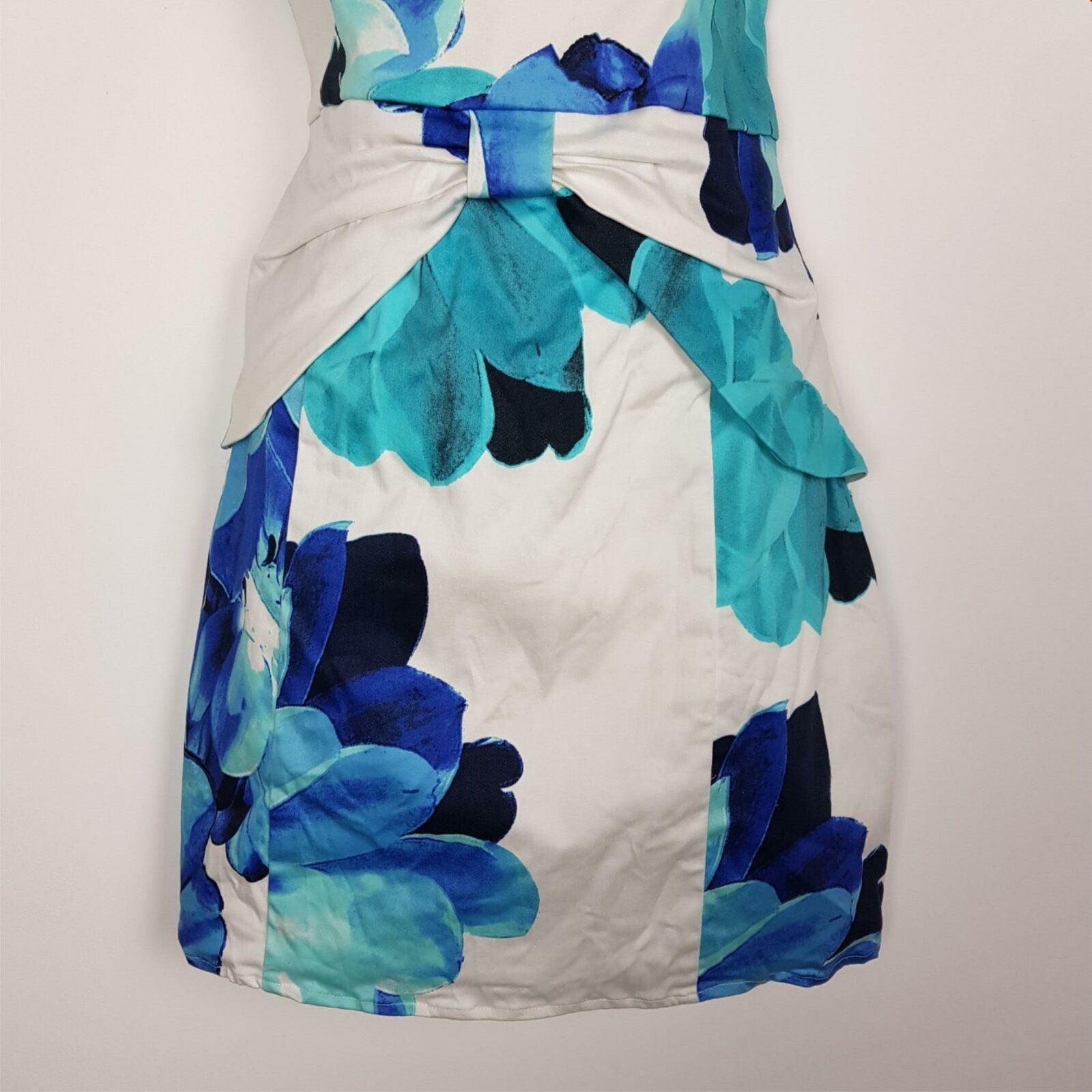 Dotti Tube Strapless Sheath Fit & Flare Dress Sweetheart Floral Blue White 14
