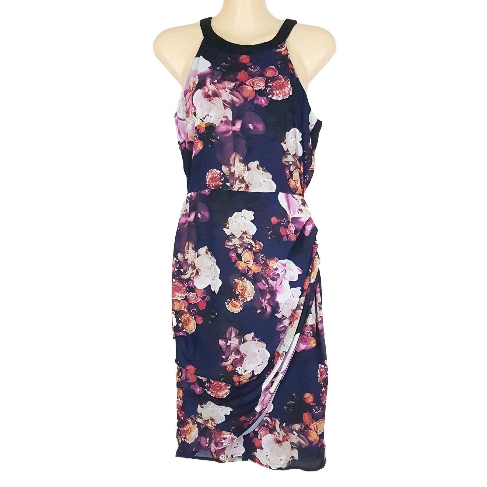 COOPER ST Navy Blue Floral Lined Hem Women's Draped Halter Midi Dress Zip Size 6