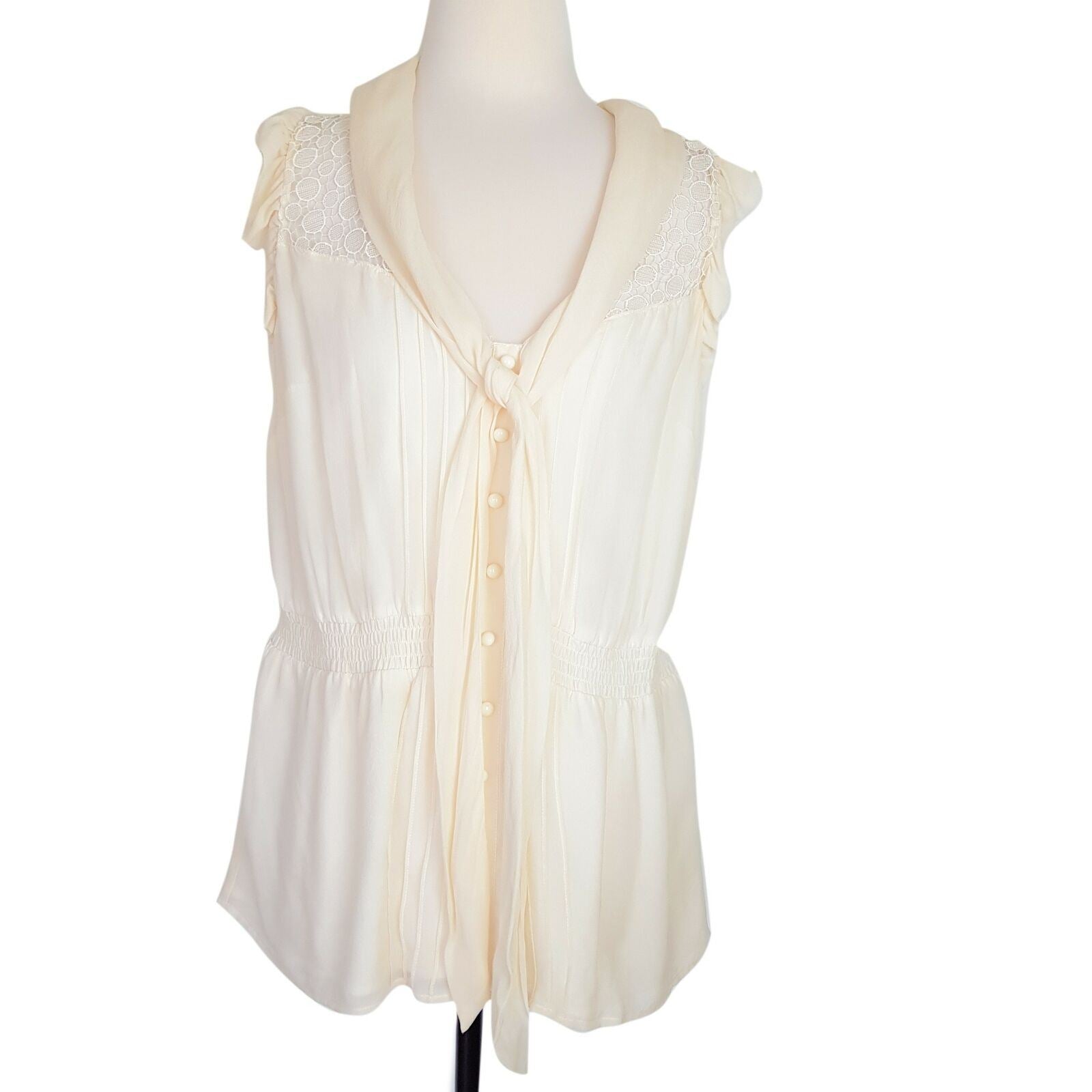 Katherine Womens Chalk Sleeveless Blouse Cream Lace Sheer Top Delicate 100% Silk