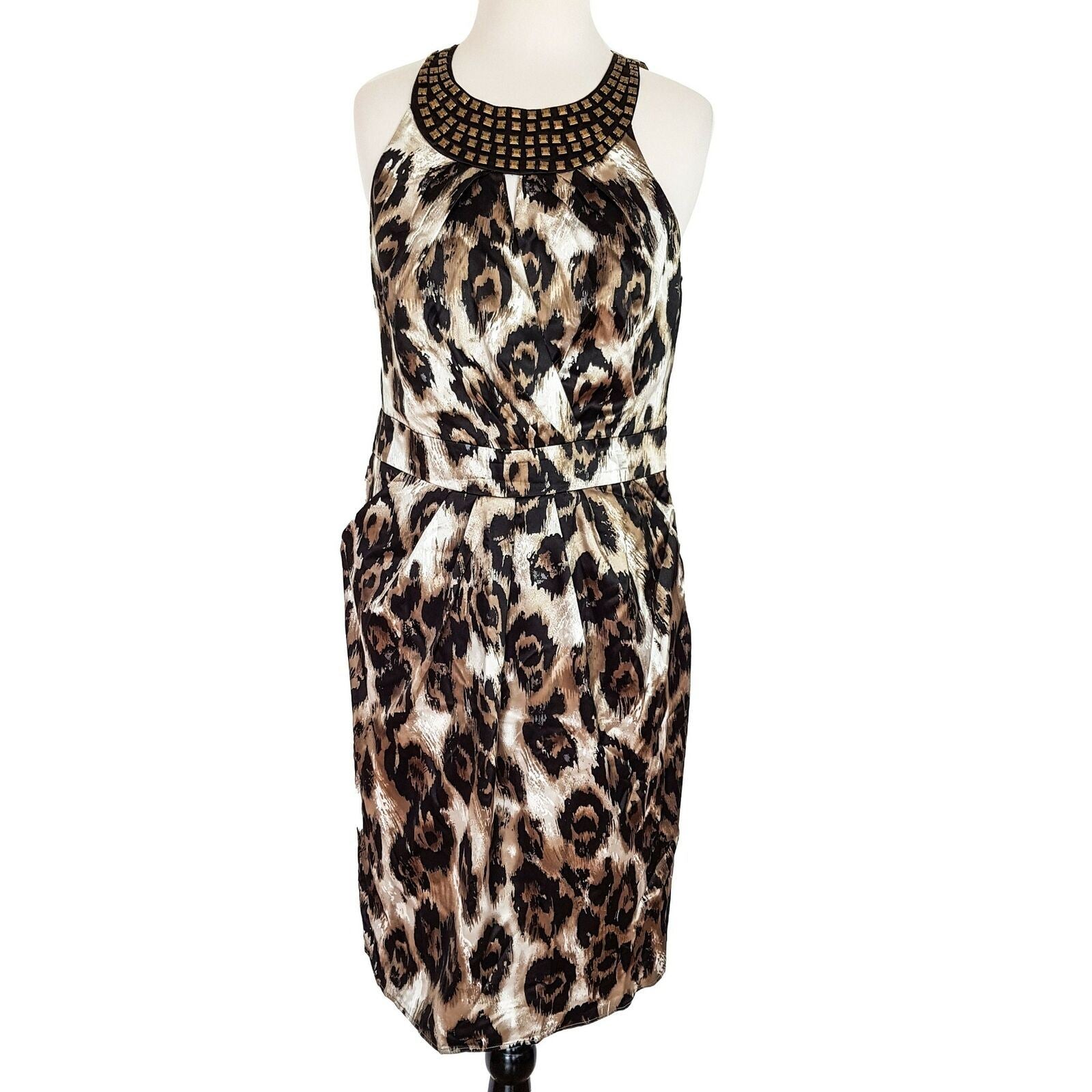 EVENTS Bead Tulip Dress Animal Print Women's Sleeveless Satin Sheath Brown Gold
