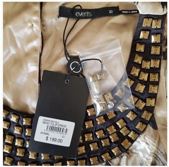 EVENTS Bead Tulip Dress Animal Print Women's Sleeveless Satin Sheath Brown Gold