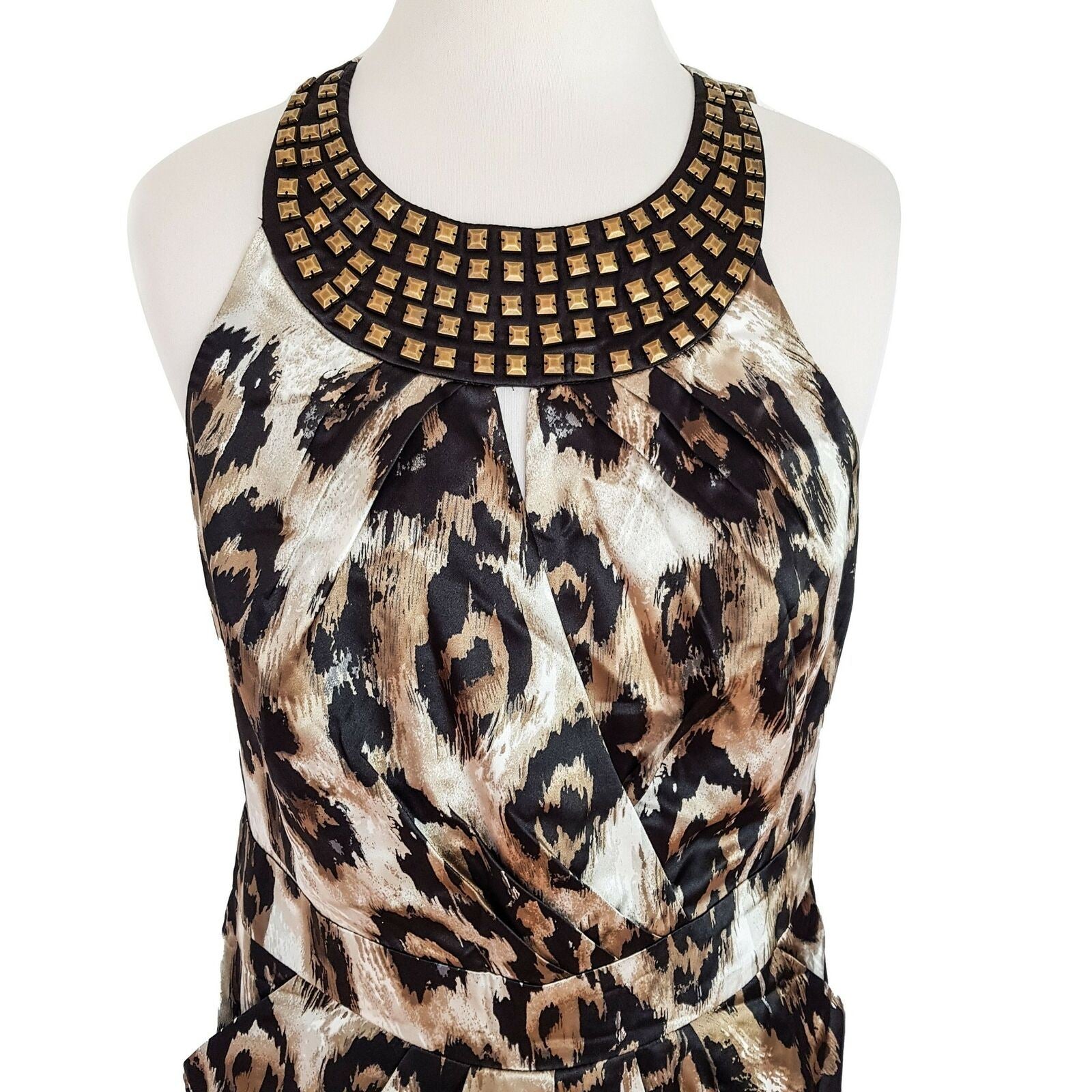 EVENTS Bead Tulip Dress Animal Print Women's Sleeveless Satin Sheath Brown Gold