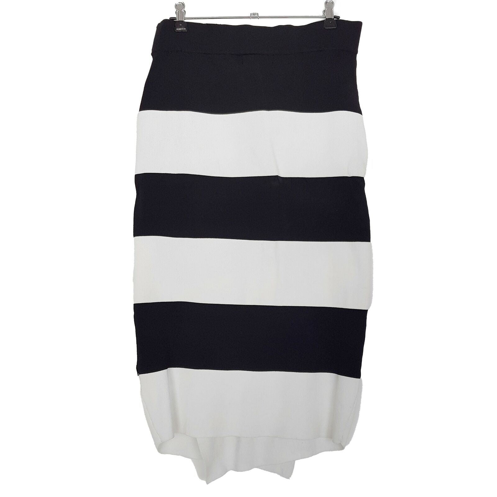 PORTMANS Black White Striped Skirt Straight Hi-Low Stretch Elastic Waist Casual