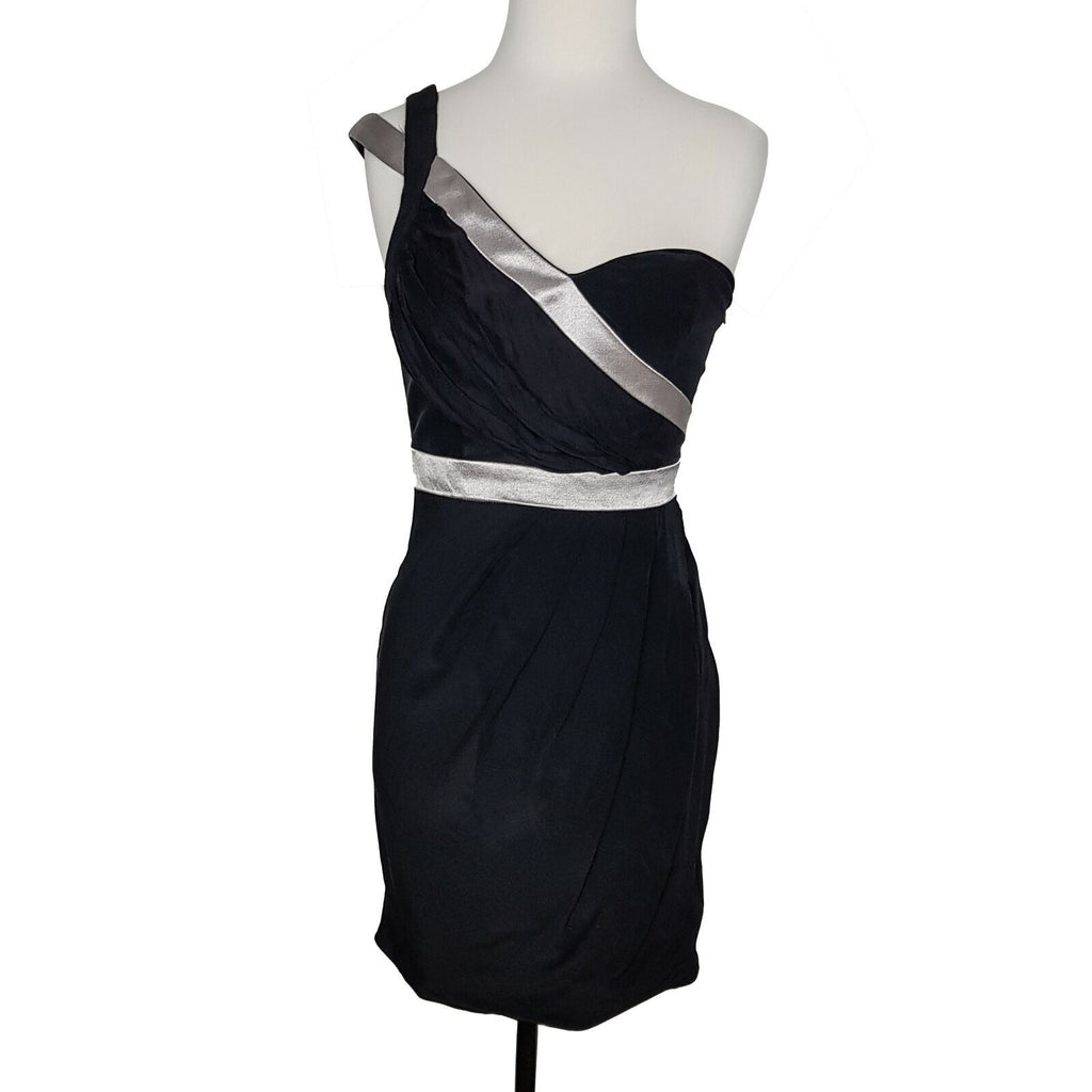 Wish 100% Silk Asymmetrical Sleeveless Cocktail Party Dress Black Silver NWT 180