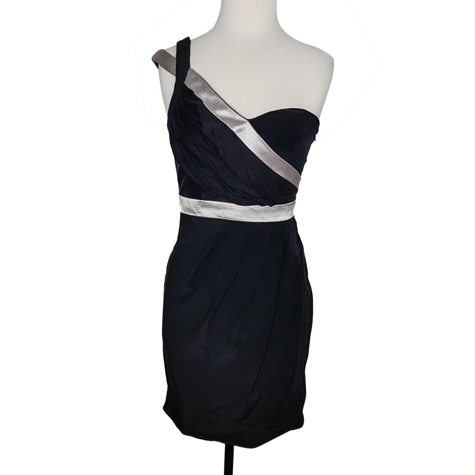 Wish 100% Silk Asymmetrical Sleeveless Cocktail Party Dress Black Silver NWT 180