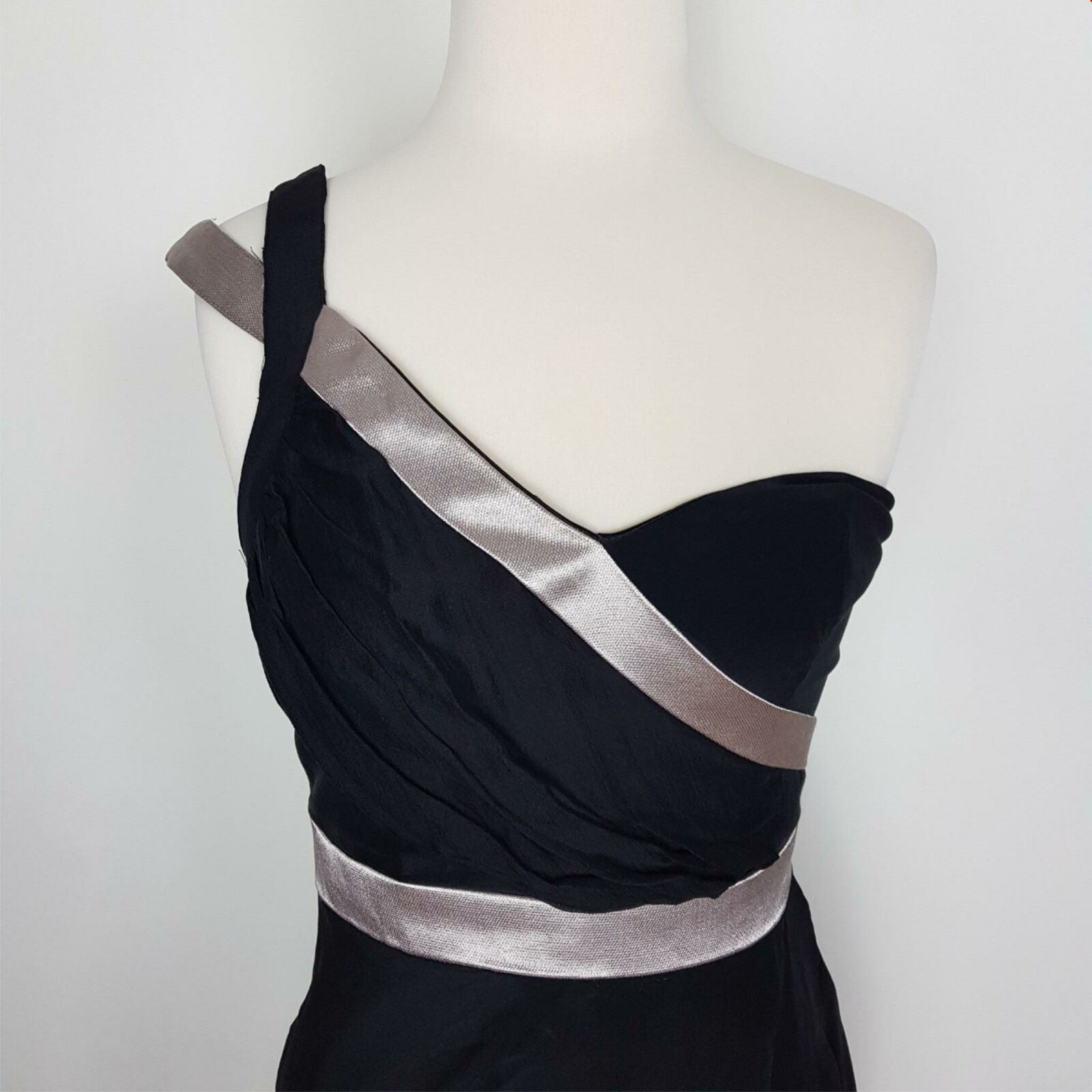Wish 100% Silk Asymmetrical Sleeveless Cocktail Party Dress Black Silver NWT 180