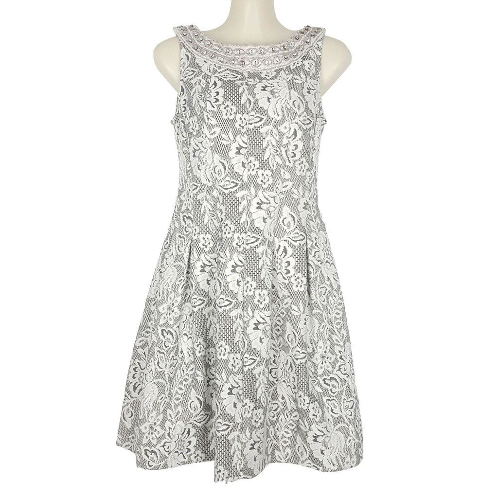 ZARA Sleeveless Beaded Boat Neck Embroidered Floral Lace A-Line Dress Size AU XS