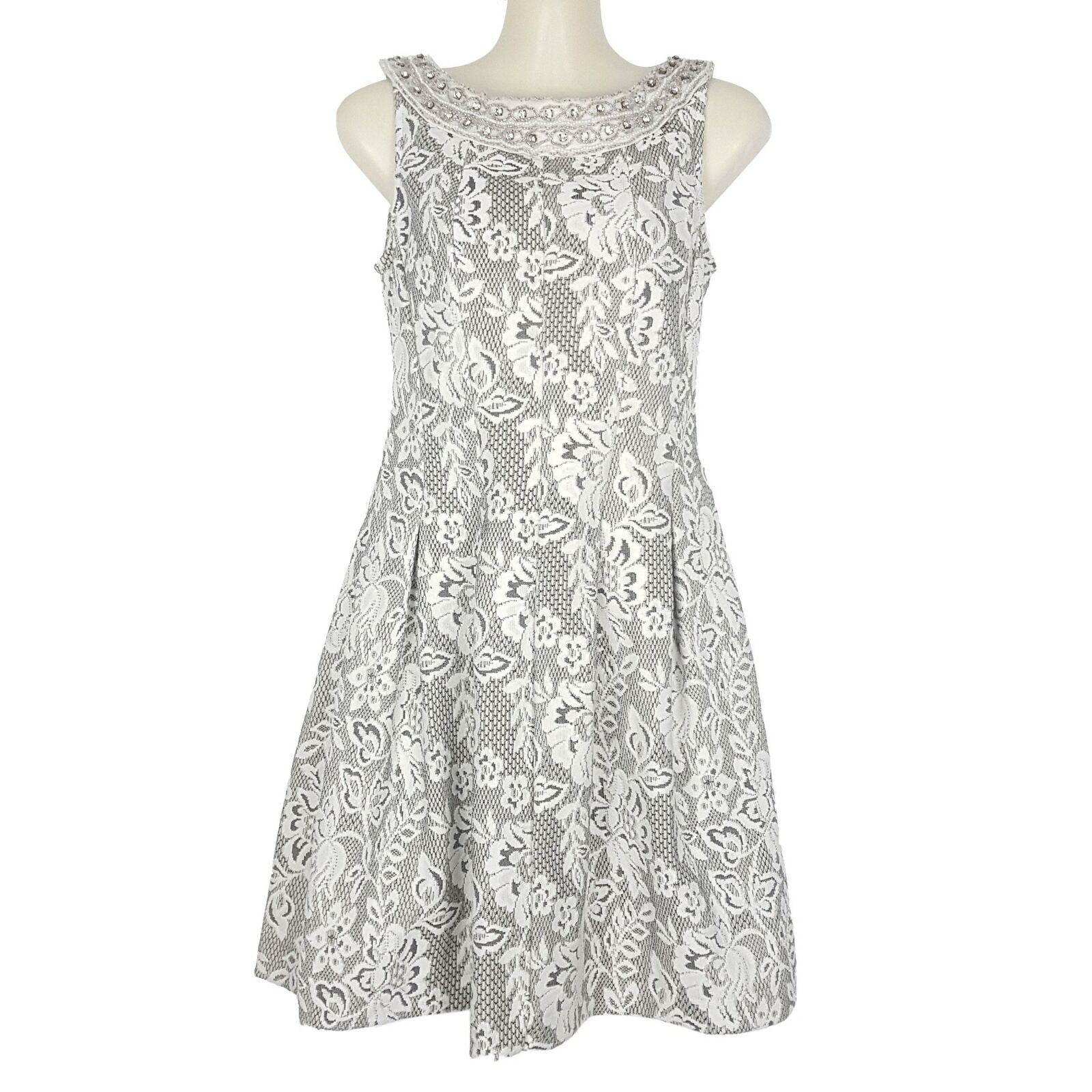 ZARA Sleeveless Beaded Boat Neck Embroidered Floral Lace A-Line Dress Size AU XS