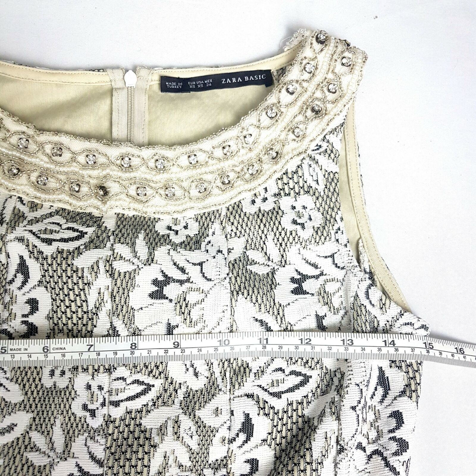 ZARA Sleeveless Beaded Boat Neck Embroidered Floral Lace A-Line Dress Size AU XS
