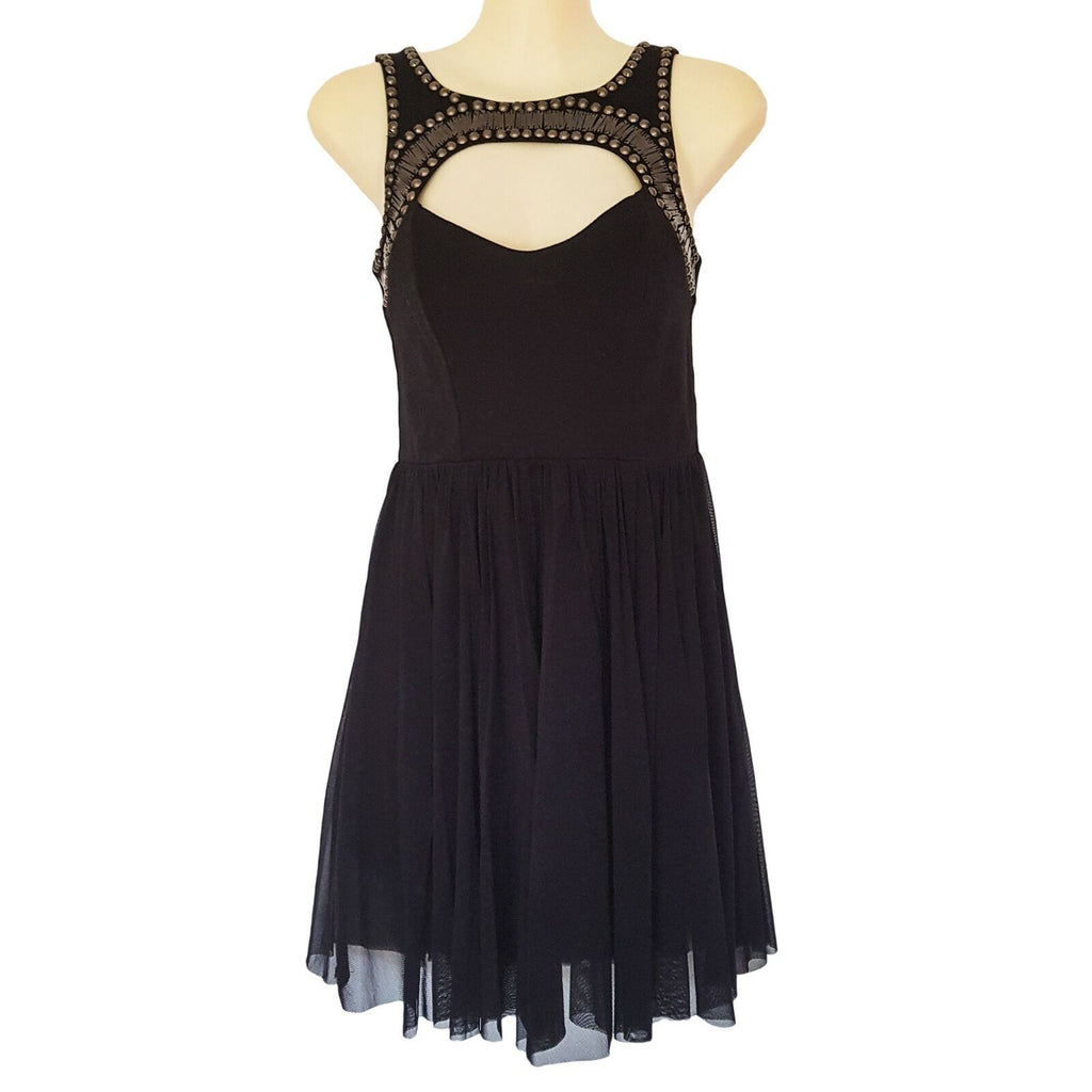 SPORTSGIRL Black Sexy Dress Pleated Lace Skirt Center Key Hole Formal Cocktail