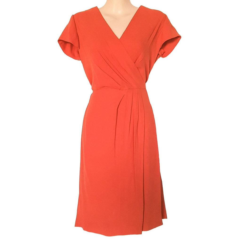 TRENERY Red Pleated Women's Wrap Knee-Length Dress Short Sleeve V-Neck Size 6