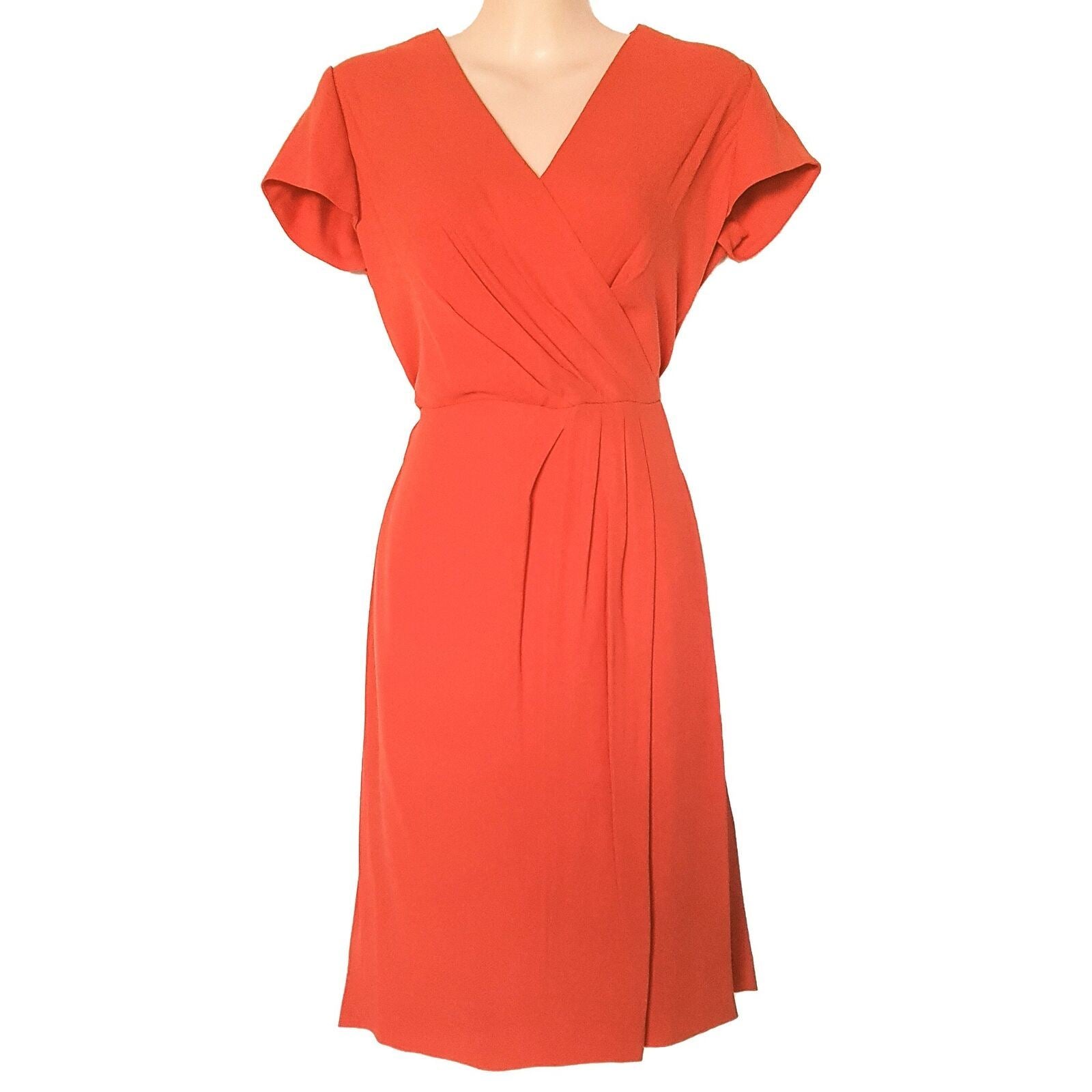 TRENERY Red Pleated Women's Wrap Knee-Length Dress Short Sleeve V-Neck Size 6