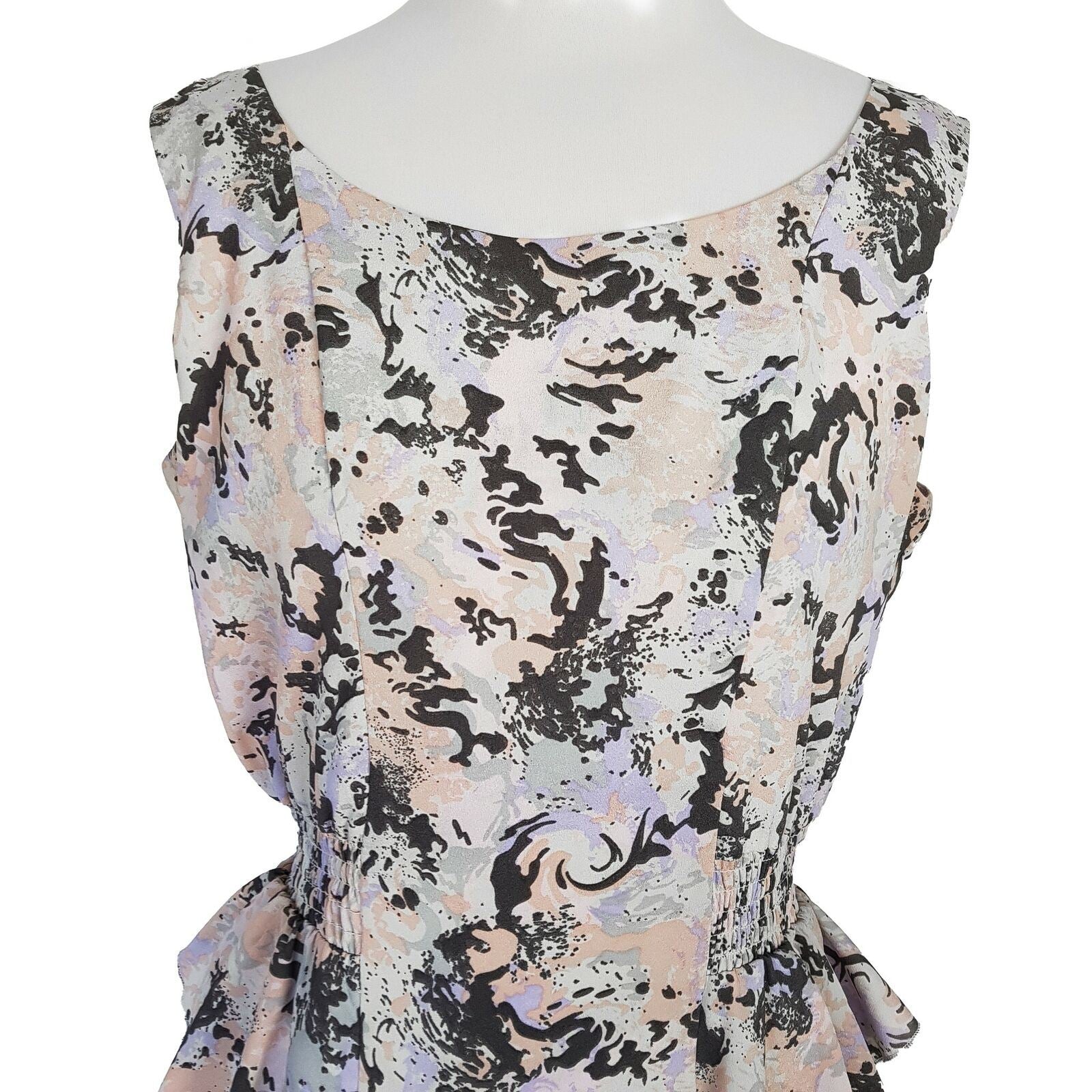BARDOT Peplum Multicolour Dress S 12 Crew Neck Sleeveless Elastic Waist Abstract