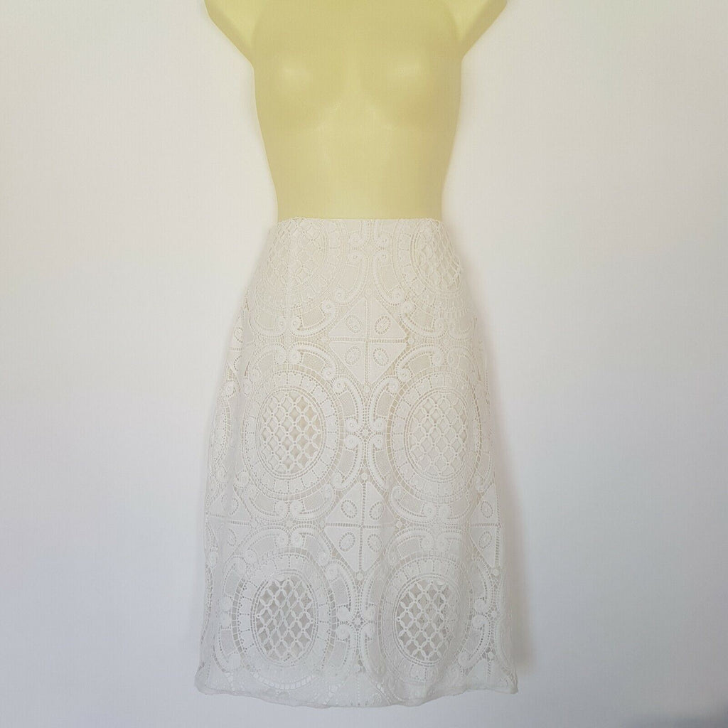 PORTMANS Elegant White Floral Knit Lace High Waist Midi Skirt Summer Size 10 M