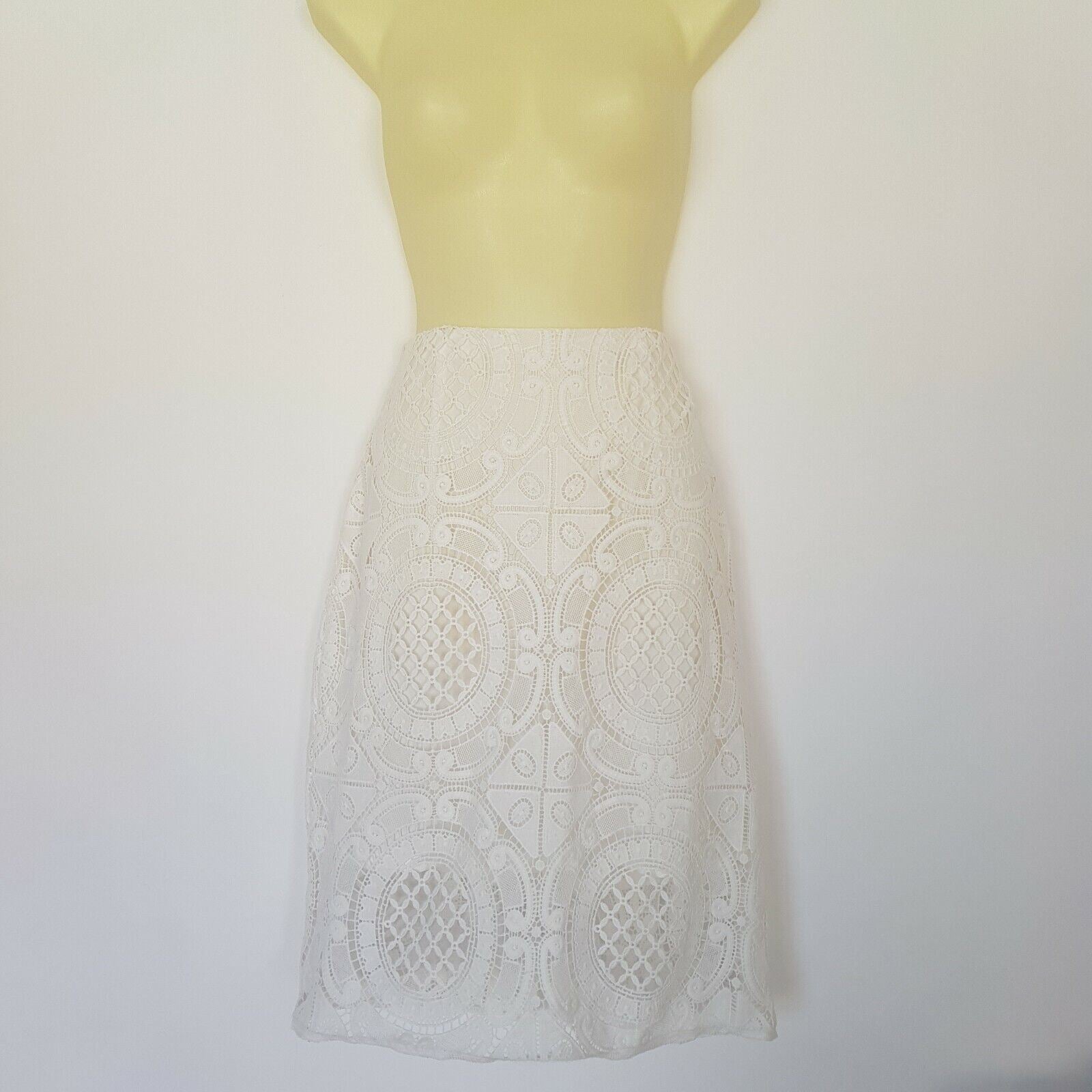 PORTMANS Elegant White Floral Knit Lace High Waist Midi Skirt Summer Size 10 M