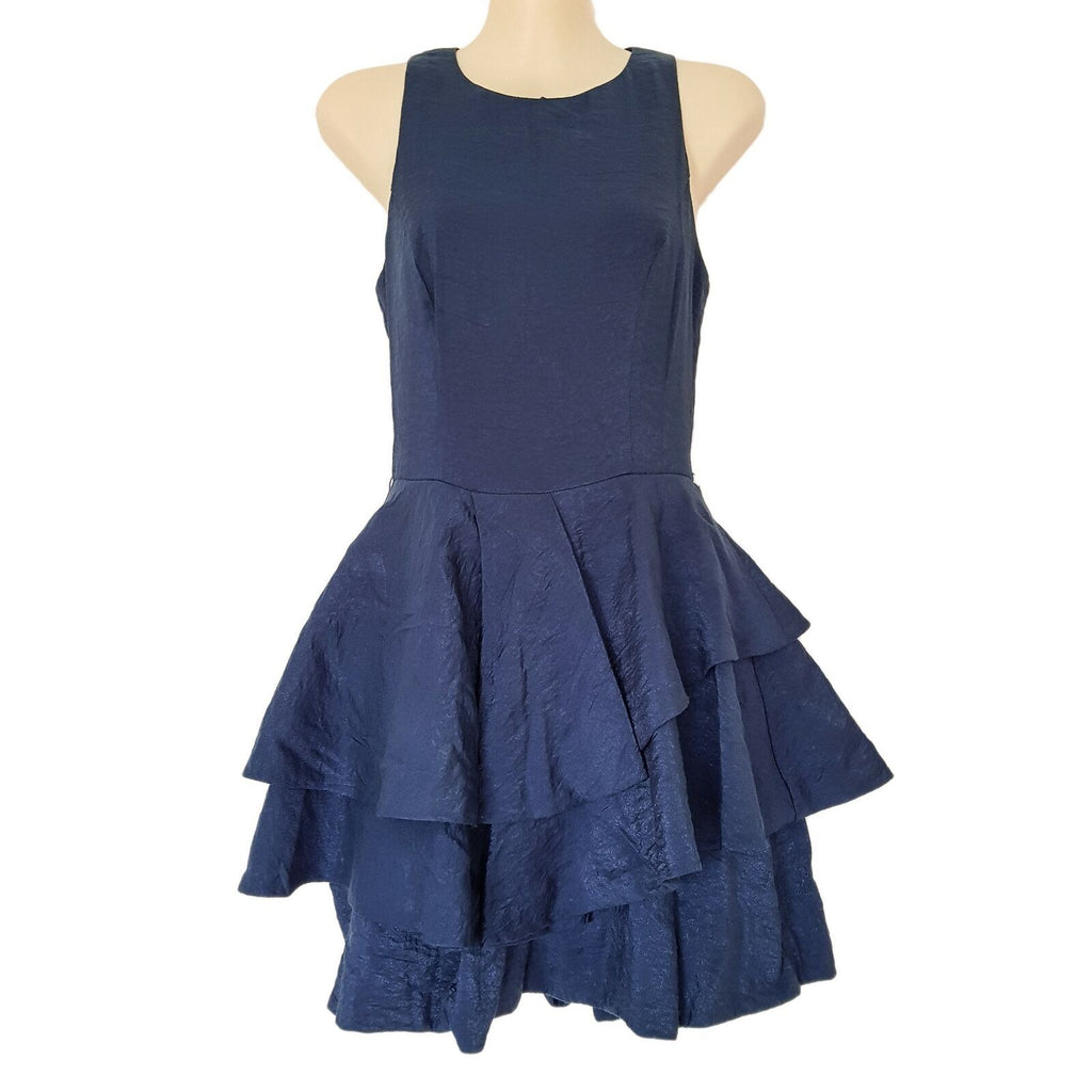 CUE Shiny Metallic Blue Layered Ruffle Dress Party Cocktail Wedding Petite 6 XS