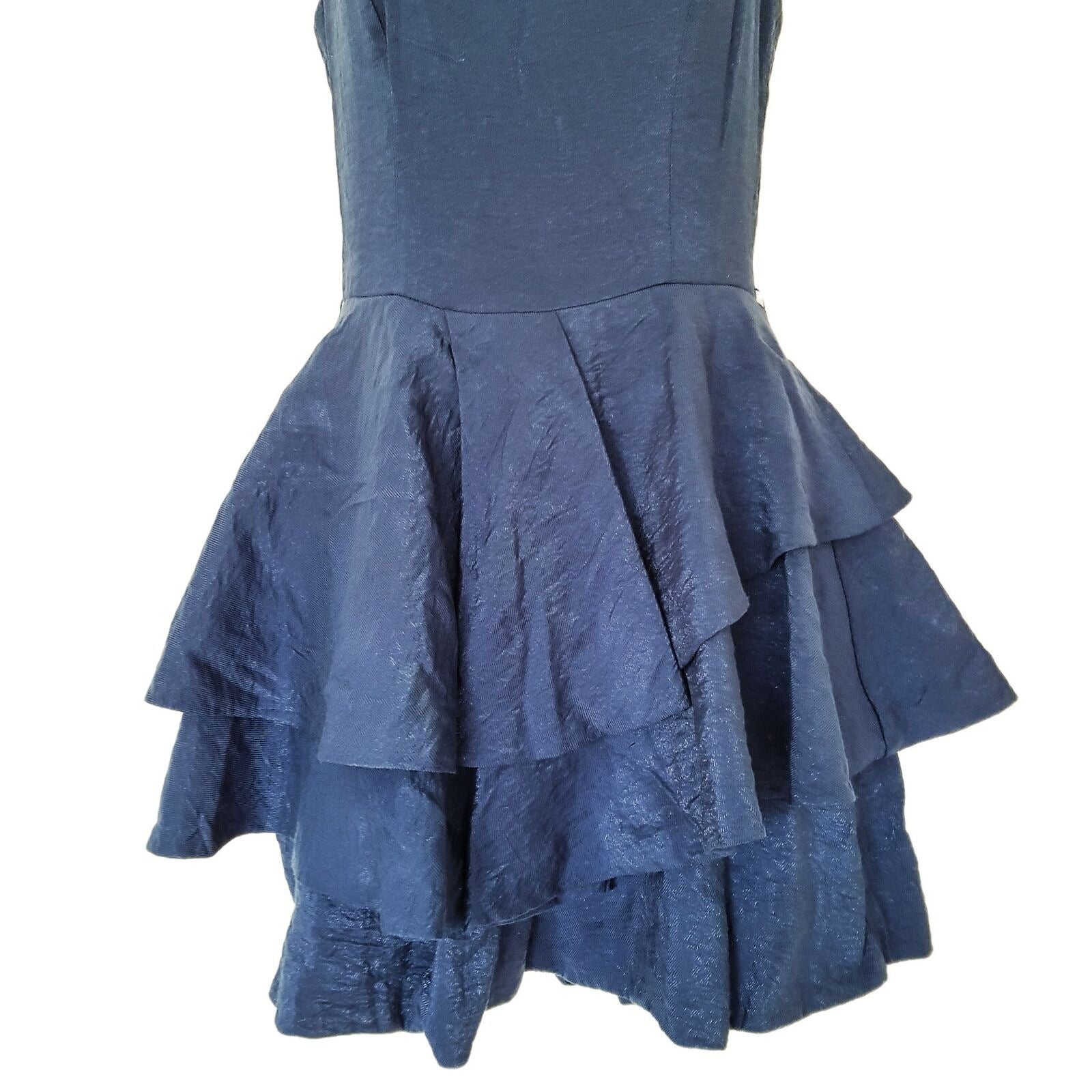 CUE Shiny Metallic Blue Layered Ruffle Dress Party Cocktail Wedding Petite 6 XS