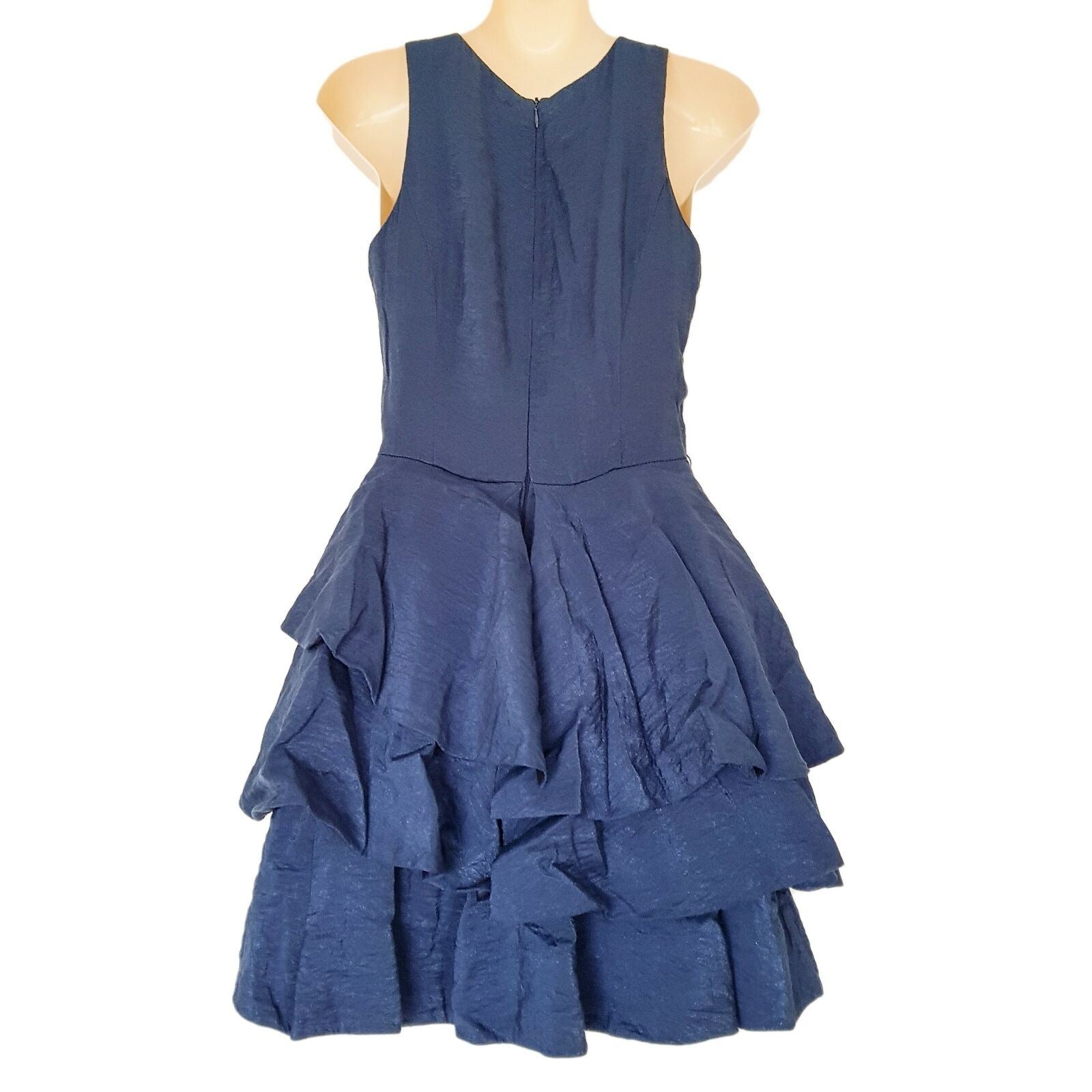 CUE Shiny Metallic Blue Layered Ruffle Dress Party Cocktail Wedding Petite 6 XS
