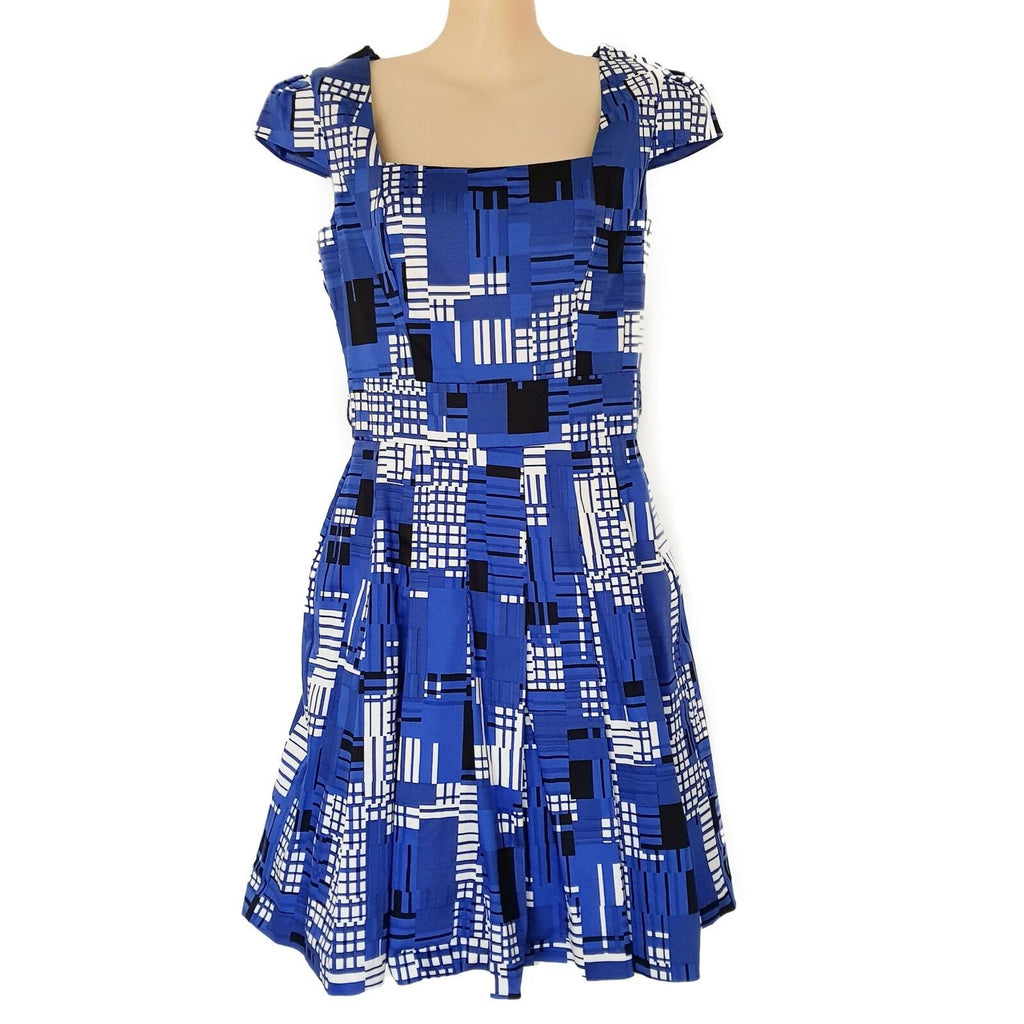 REVIEW Abstract Blue Work Dress Square Neck A-Line Pleated Skirt Short Sleeves