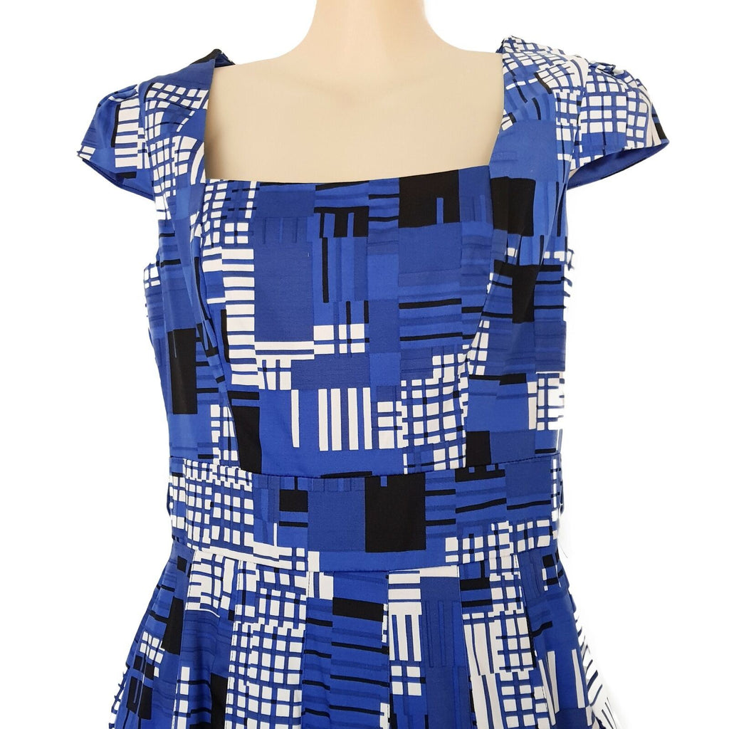 REVIEW Abstract Blue Work Dress Square Neck A-Line Pleated Skirt Short Sleeves