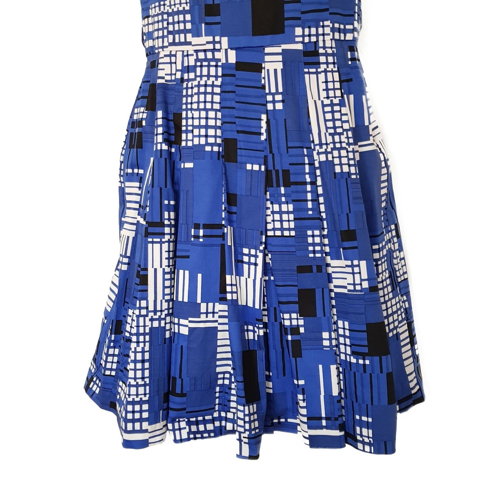 REVIEW Abstract Blue Work Dress Square Neck A-Line Pleated Skirt Short Sleeves