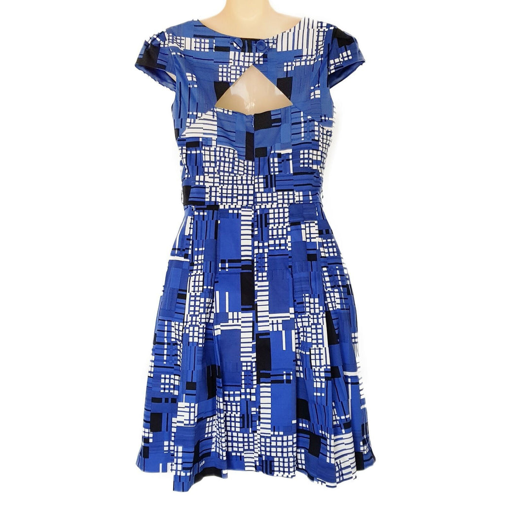 REVIEW Abstract Blue Work Dress Square Neck A-Line Pleated Skirt Short Sleeves
