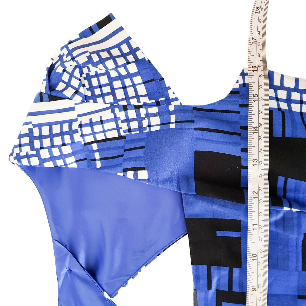 REVIEW Abstract Blue Work Dress Square Neck A-Line Pleated Skirt Short Sleeves