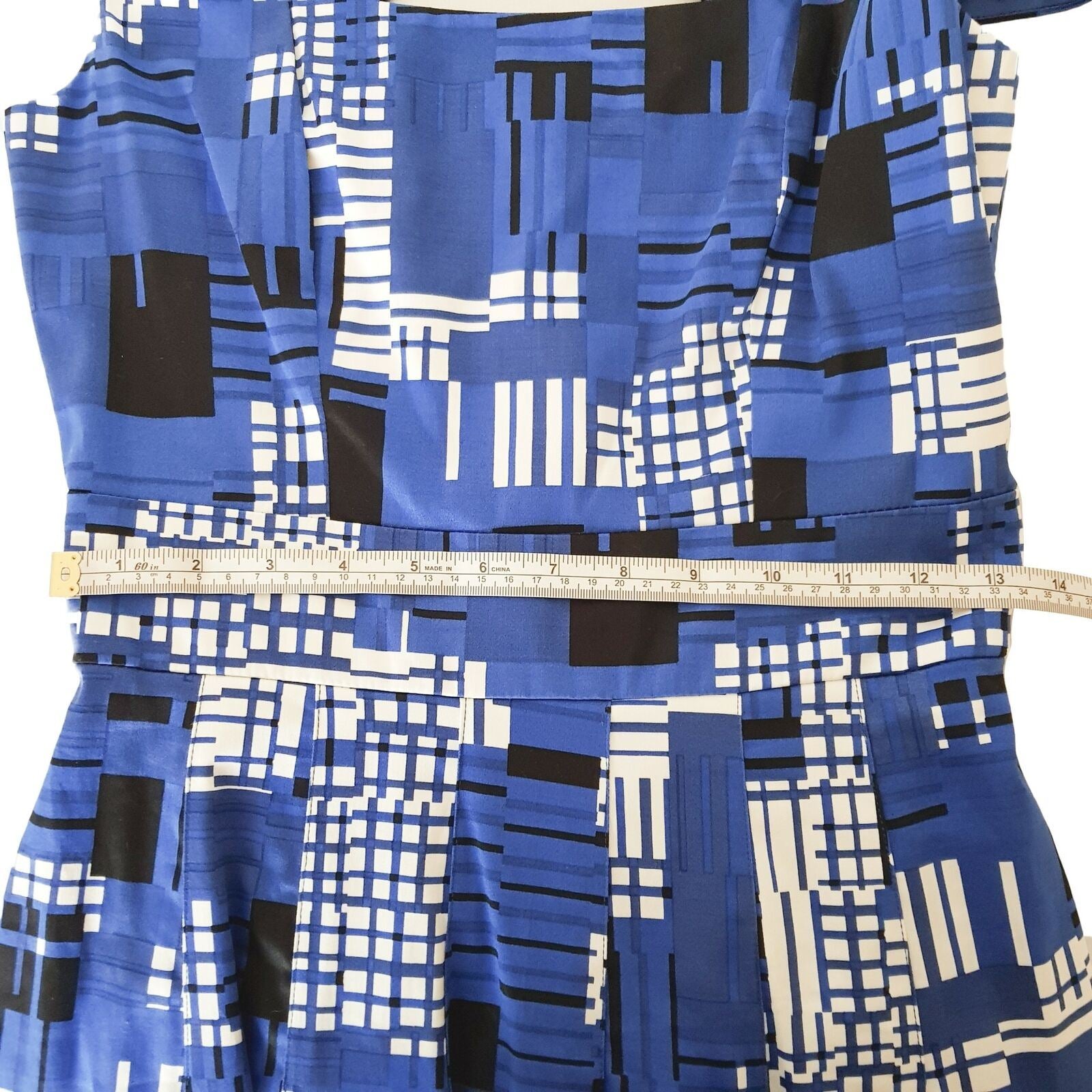 REVIEW Abstract Blue Work Dress Square Neck A-Line Pleated Skirt Short Sleeves