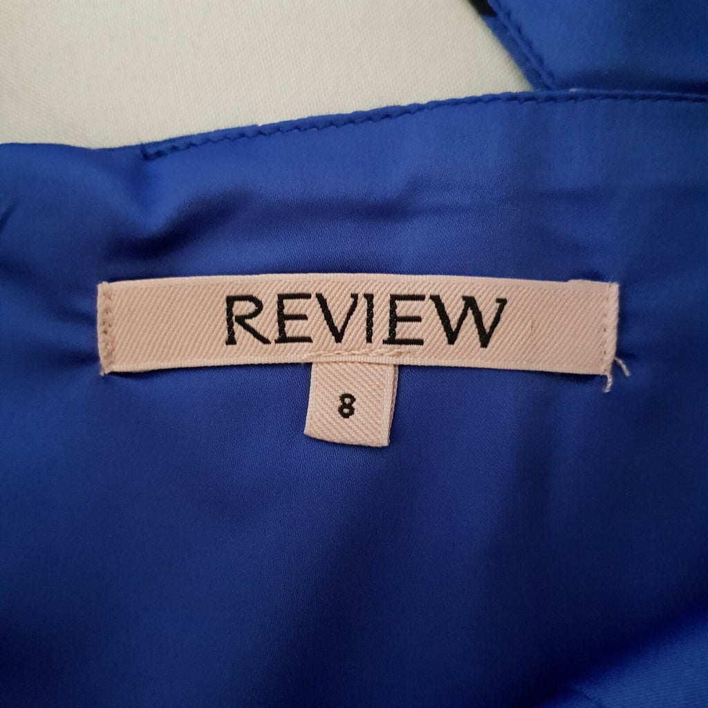 REVIEW Abstract Blue Work Dress Square Neck A-Line Pleated Skirt Short Sleeves