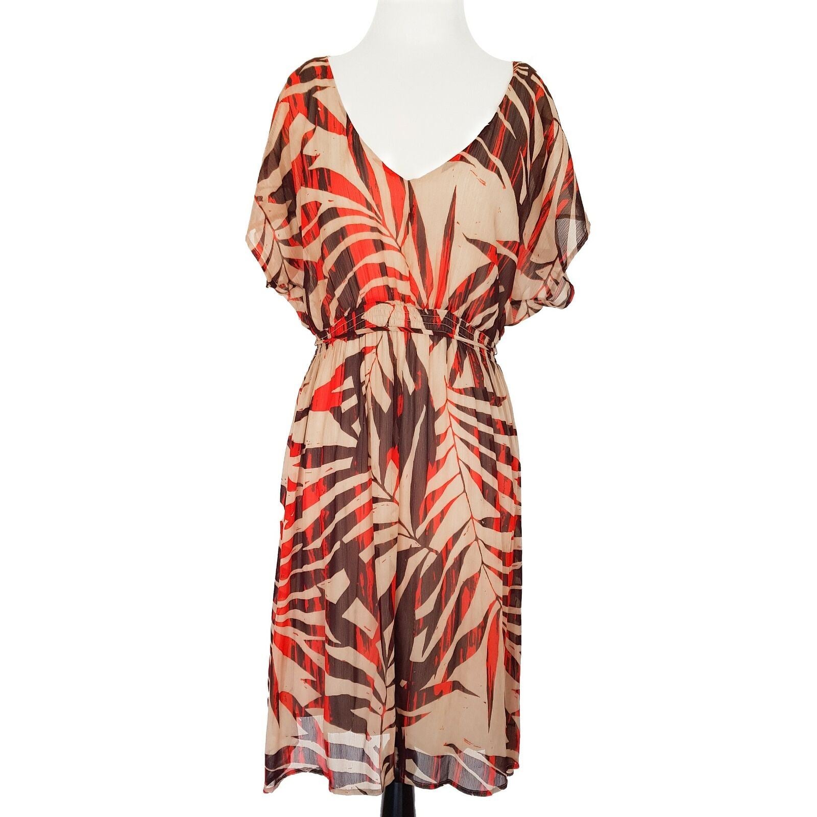 JACQUI-E V-Neck Dolman Sleeve Flowy Elastic Waist With Tie Multi Color Dress