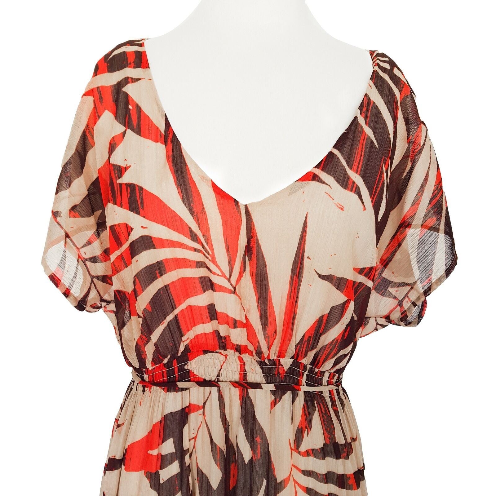 JACQUI-E V-Neck Dolman Sleeve Flowy Elastic Waist With Tie Multi Color Dress