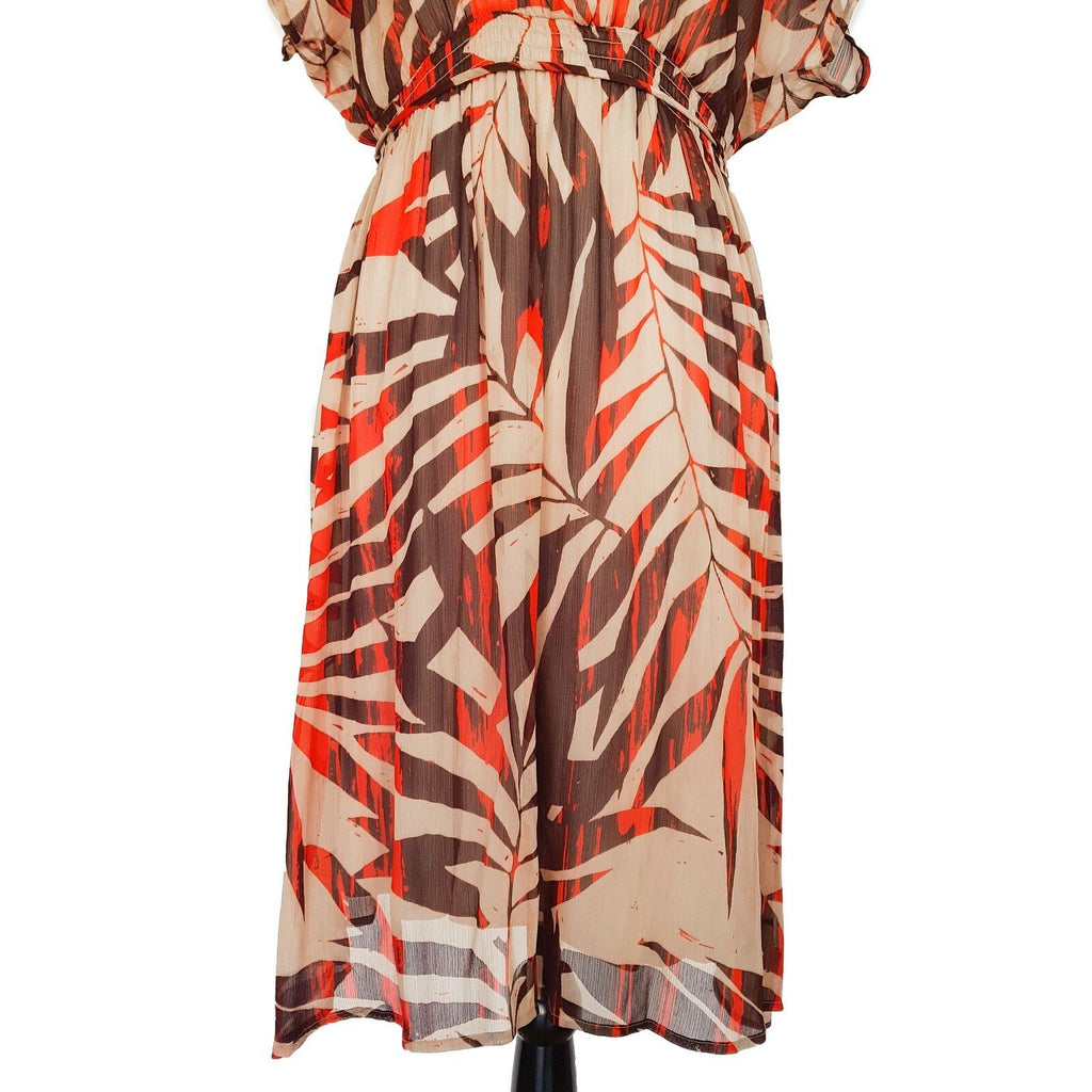 JACQUI-E V-Neck Dolman Sleeve Flowy Elastic Waist With Tie Multi Color Dress