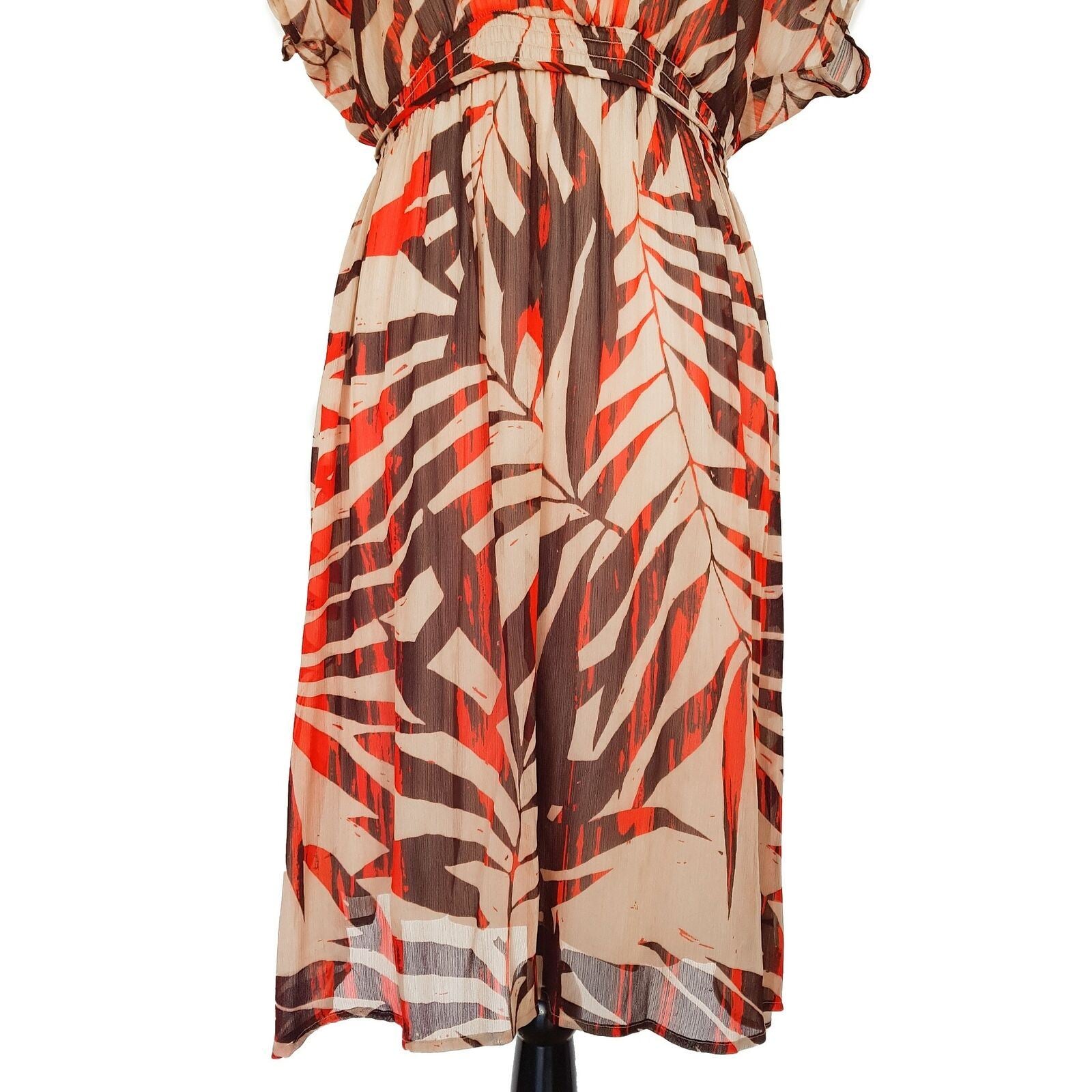 JACQUI-E V-Neck Dolman Sleeve Flowy Elastic Waist With Tie Multi Color Dress