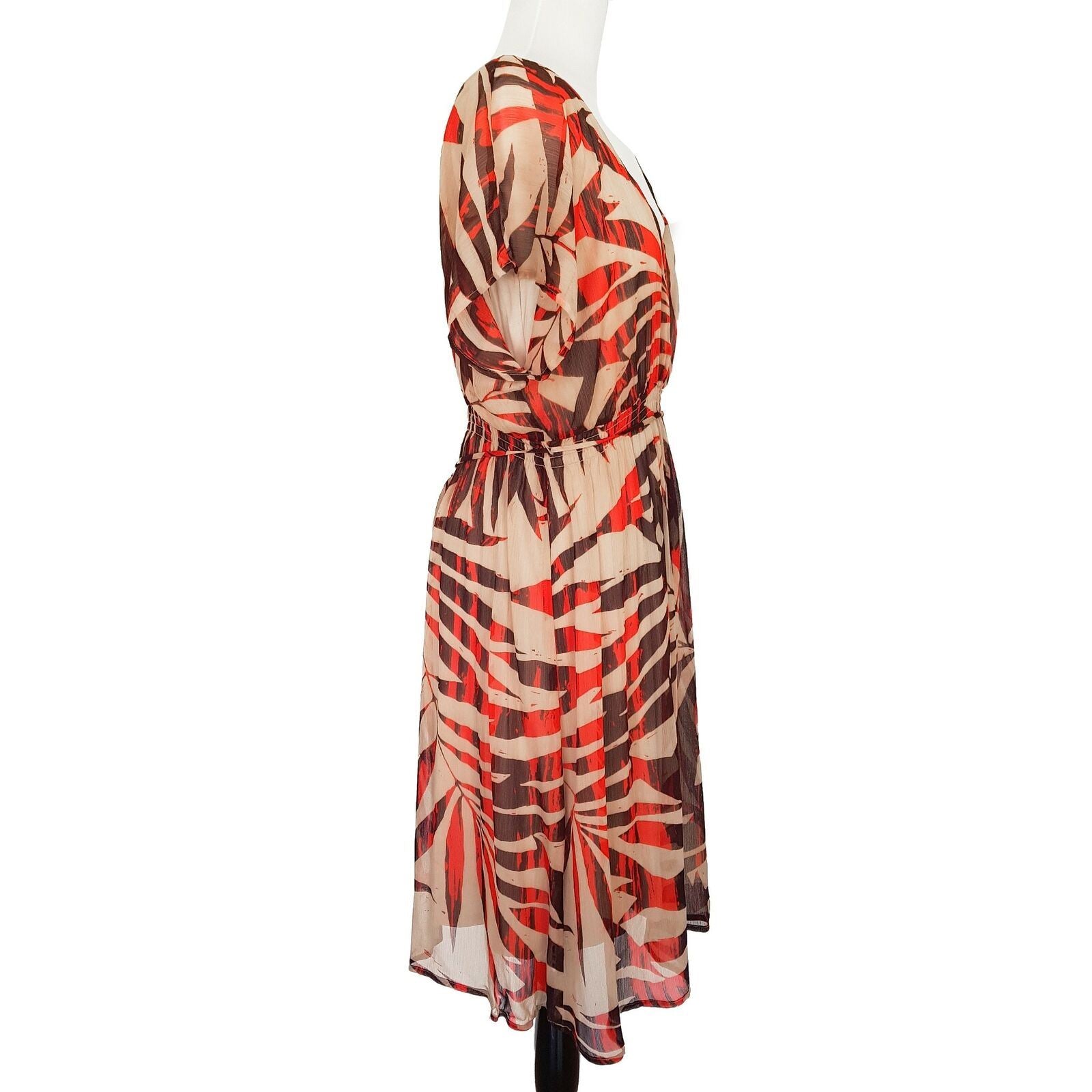 JACQUI-E V-Neck Dolman Sleeve Flowy Elastic Waist With Tie Multi Color Dress