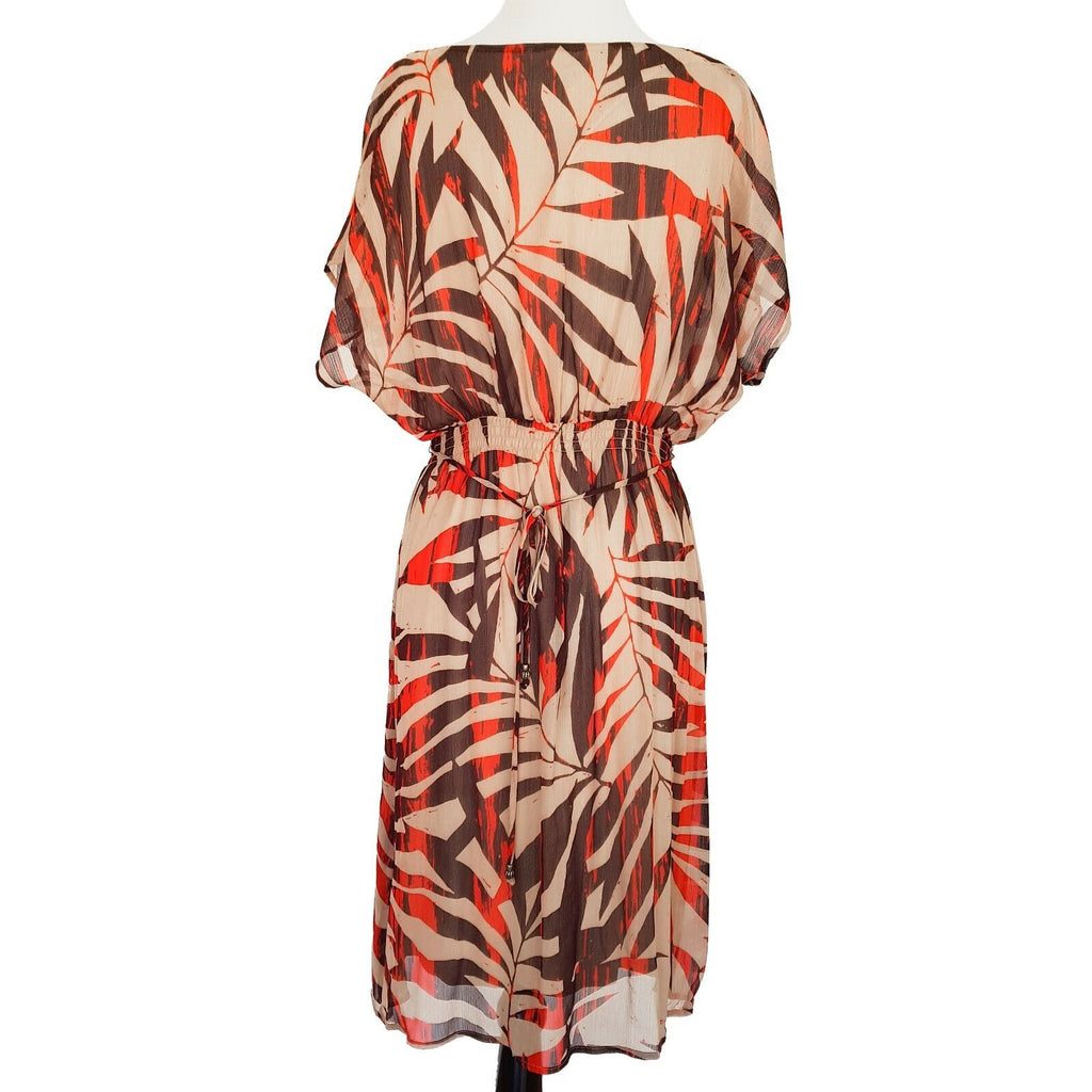 JACQUI-E V-Neck Dolman Sleeve Flowy Elastic Waist With Tie Multi Color Dress