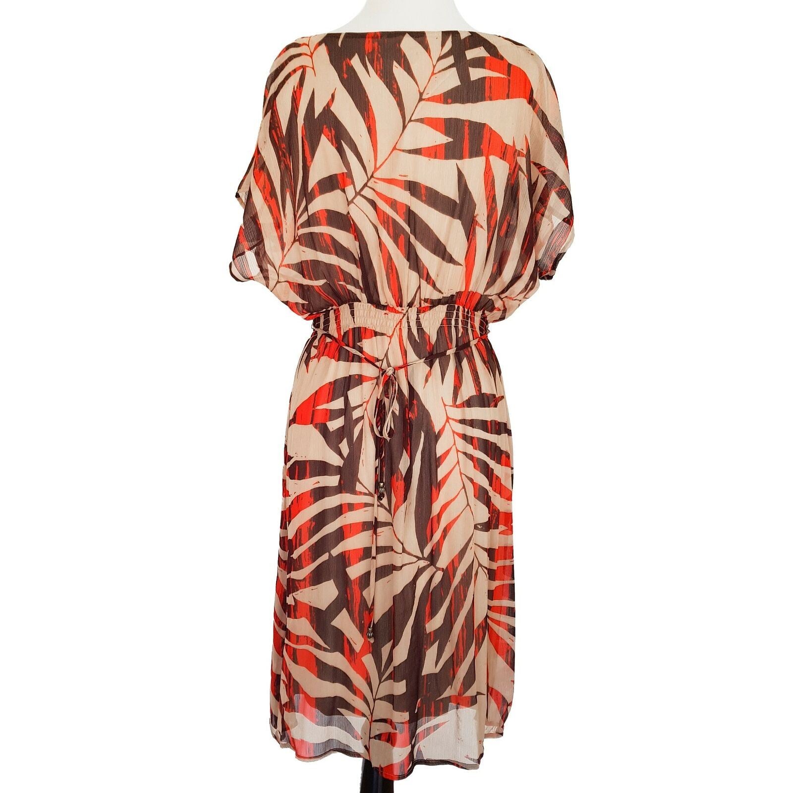 JACQUI-E V-Neck Dolman Sleeve Flowy Elastic Waist With Tie Multi Color Dress