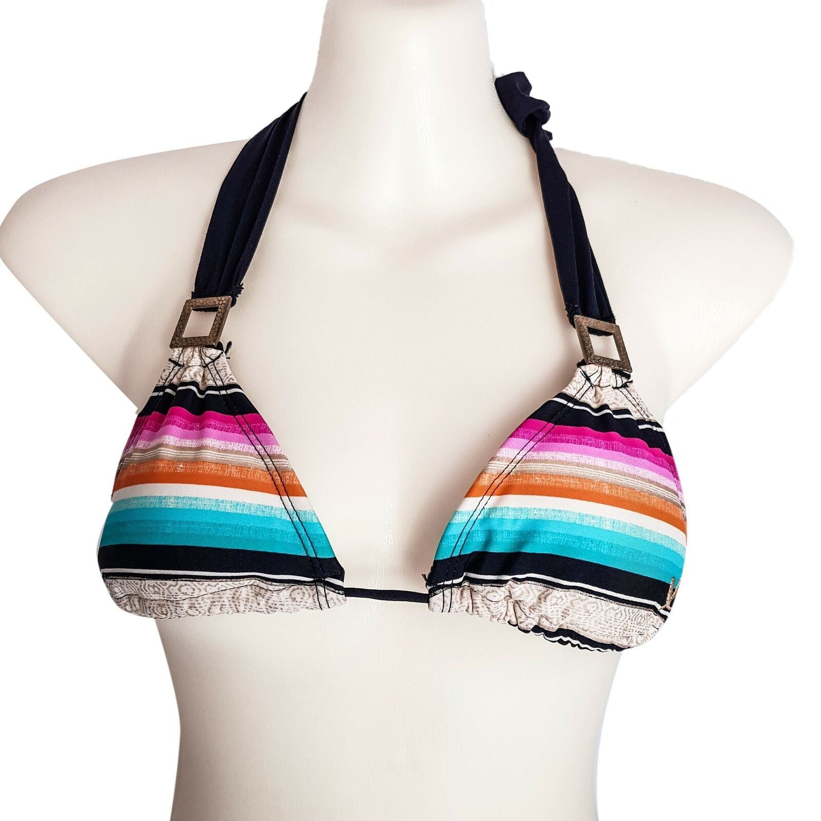 Chillies Halter Neck Triangle Bra Beach Swim Bikini Top Striped Colorful Buckle