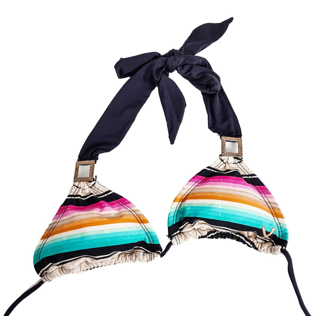 Chillies Halter Neck Triangle Bra Beach Swim Bikini Top Striped Colorful Buckle