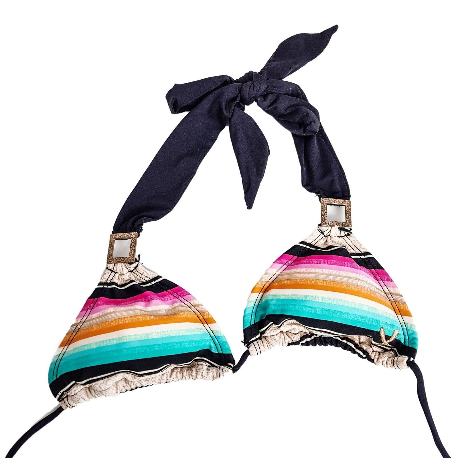 Chillies Halter Neck Triangle Bra Beach Swim Bikini Top Striped Colorful Buckle