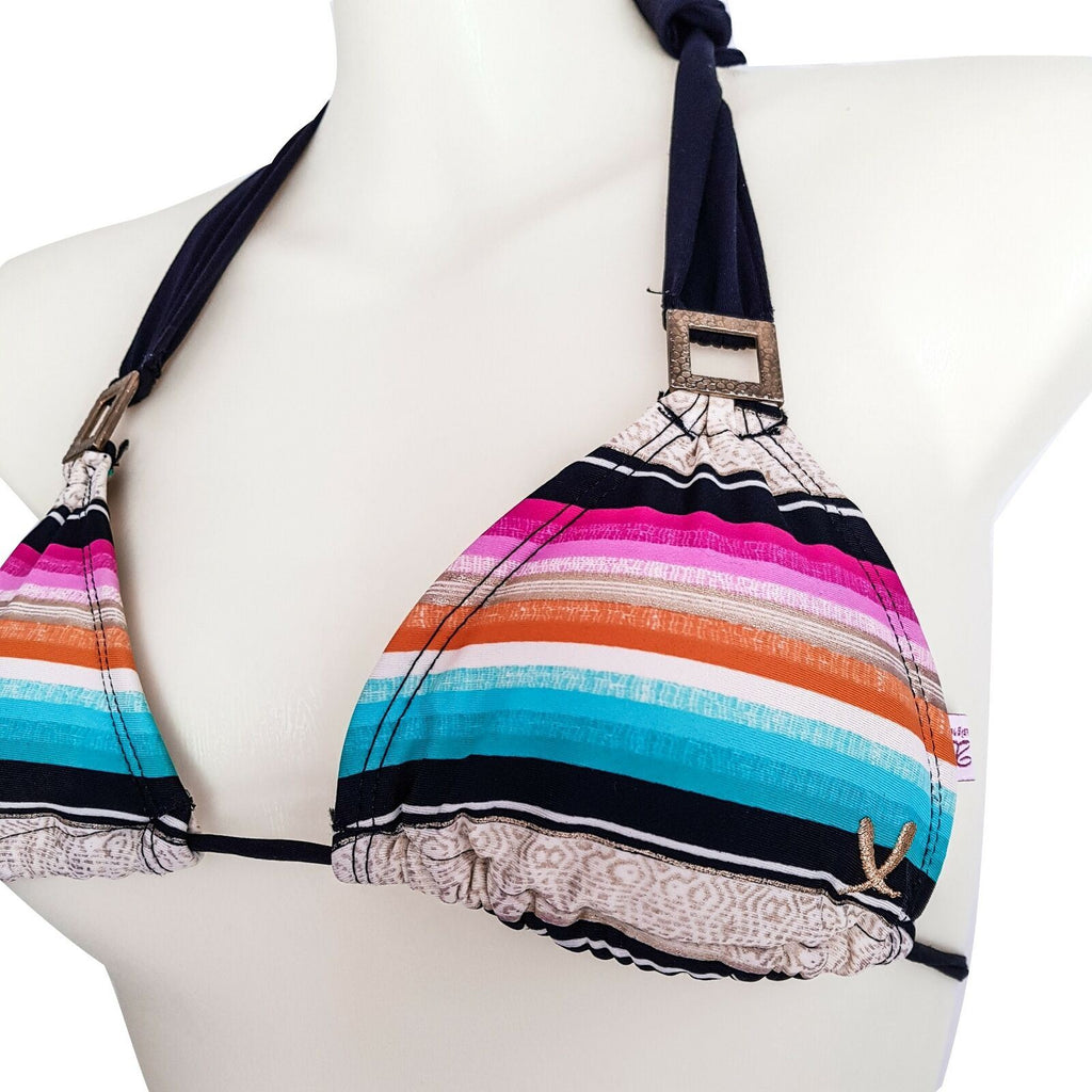 Chillies Halter Neck Triangle Bra Beach Swim Bikini Top Striped Colorful Buckle