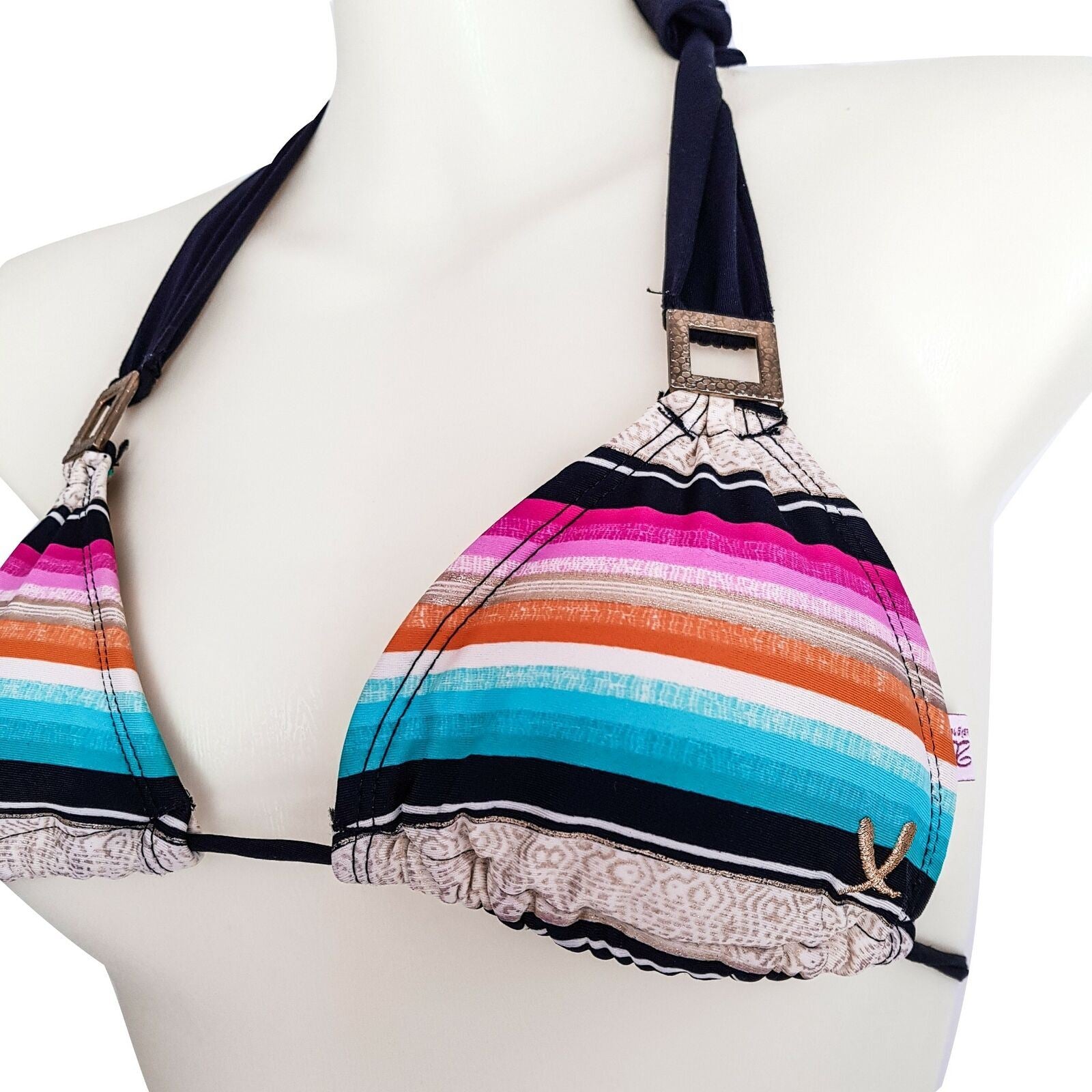 Chillies Halter Neck Triangle Bra Beach Swim Bikini Top Striped Colorful Buckle