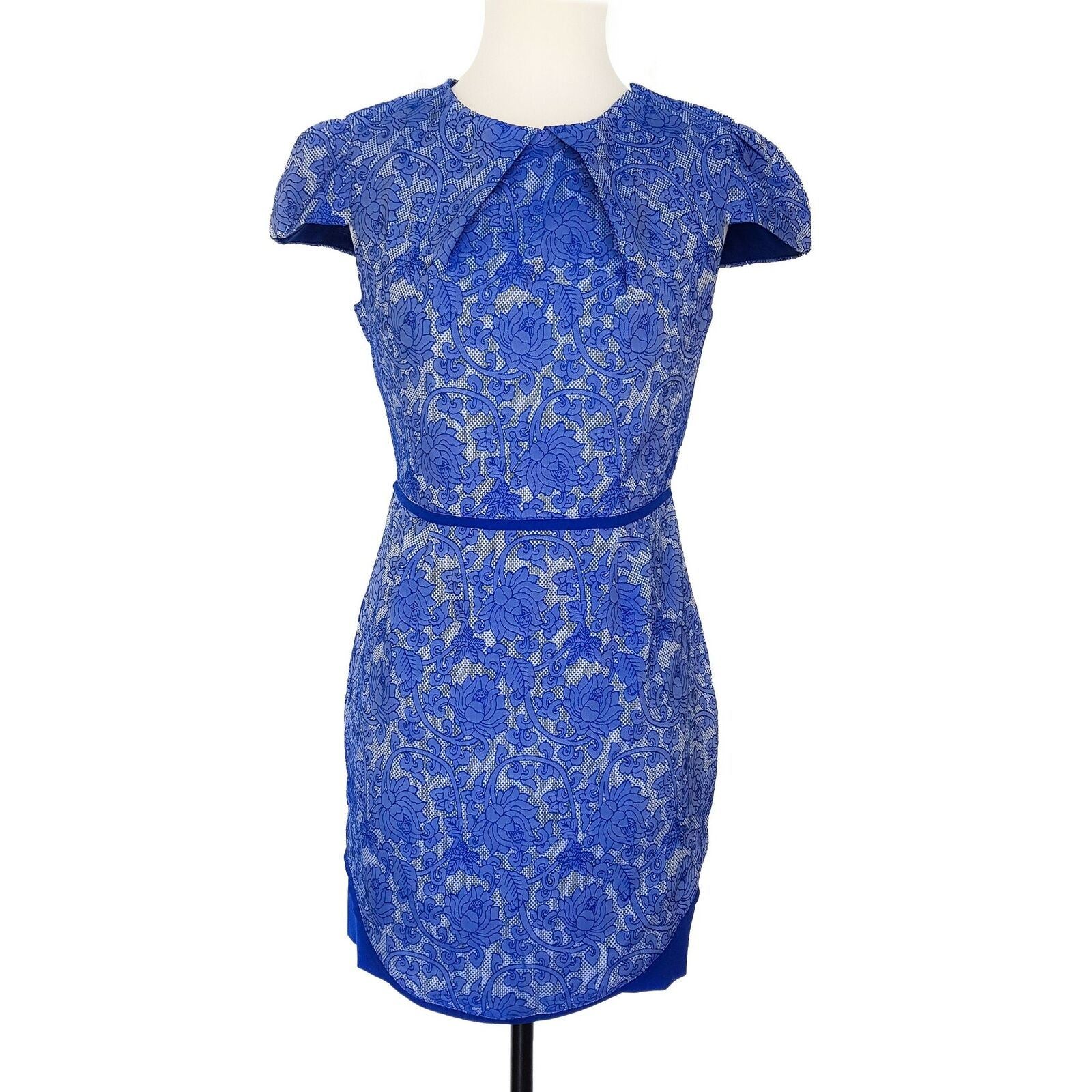 PAPER SCISSORS Women's Short Sleeve Embroidered Floral Sheath Dress Blue Size 8