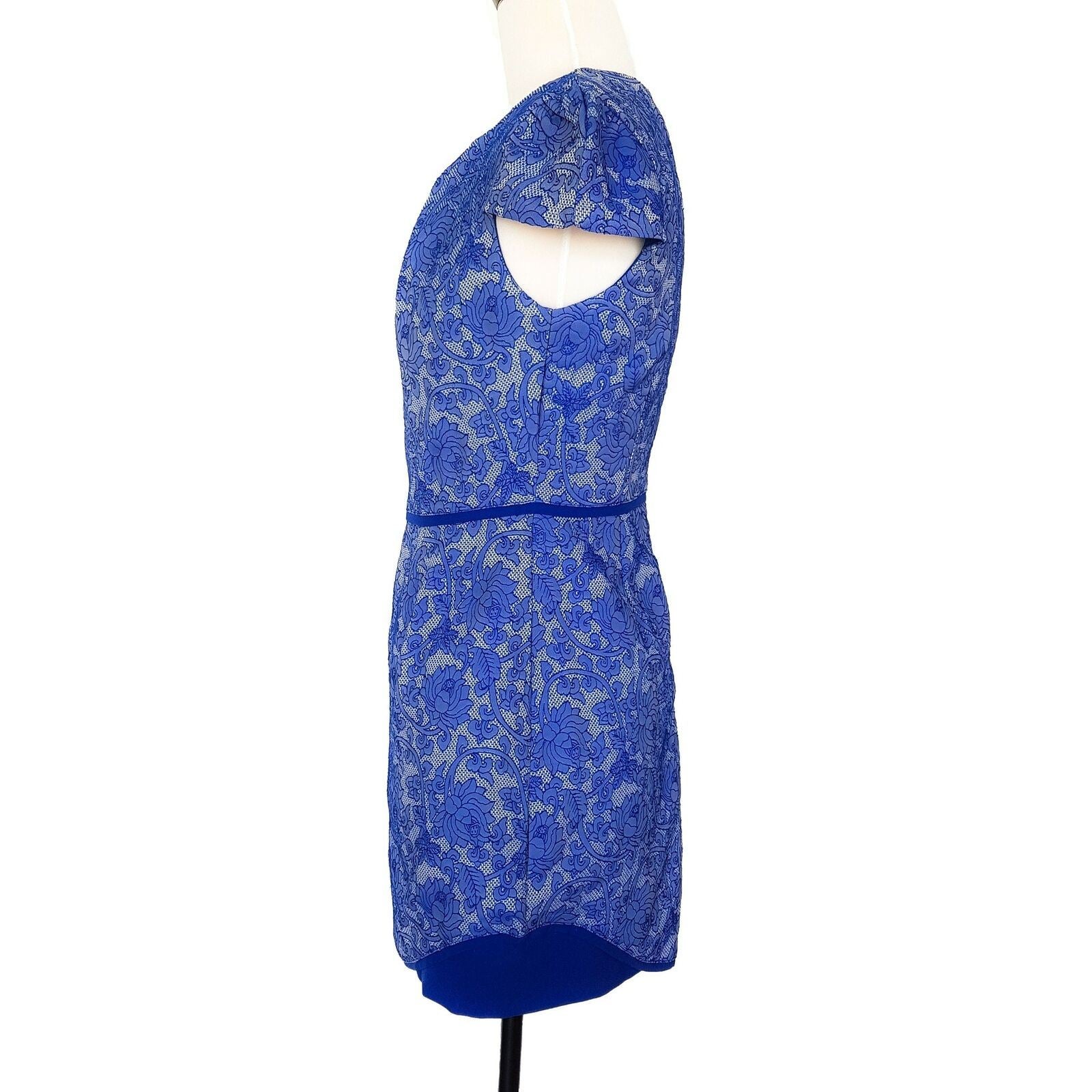PAPER SCISSORS Women's Short Sleeve Embroidered Floral Sheath Dress Blue Size 8