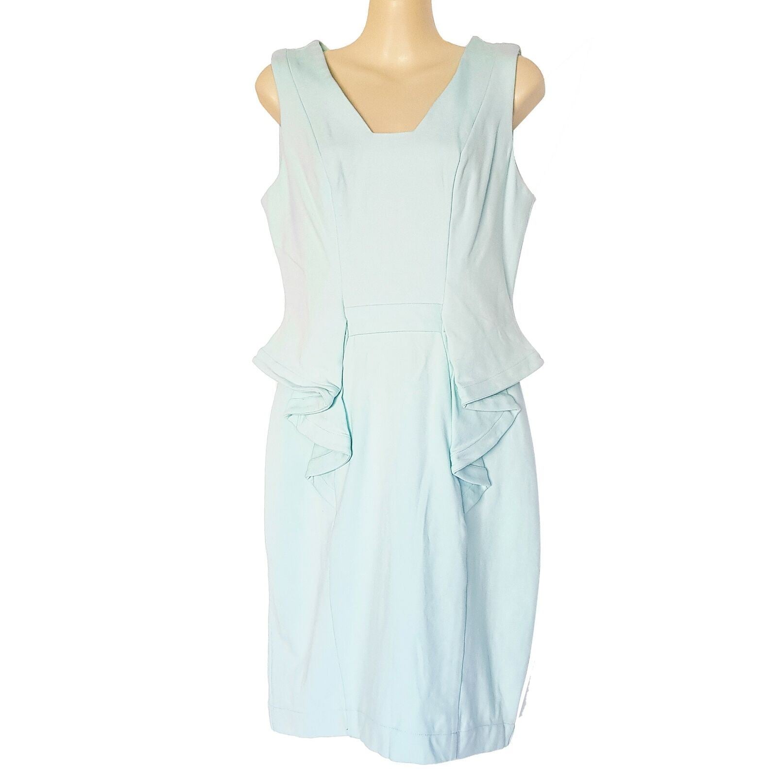 CUE Dress 10 Midi Light Blue Sleeveless V-Neck Peplum Sheath Workwear Officewear