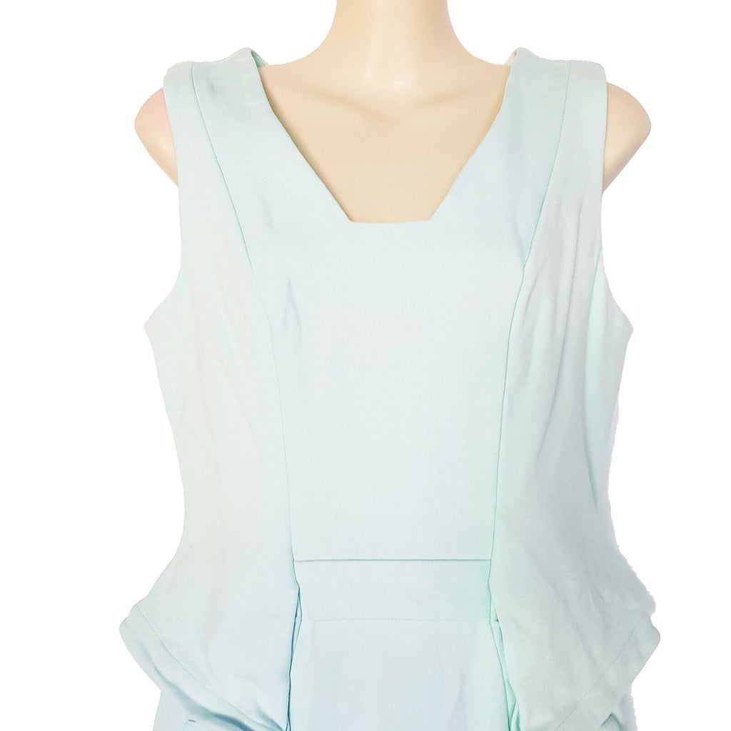 CUE Dress 10 Midi Light Blue Sleeveless V-Neck Peplum Sheath Workwear Officewear