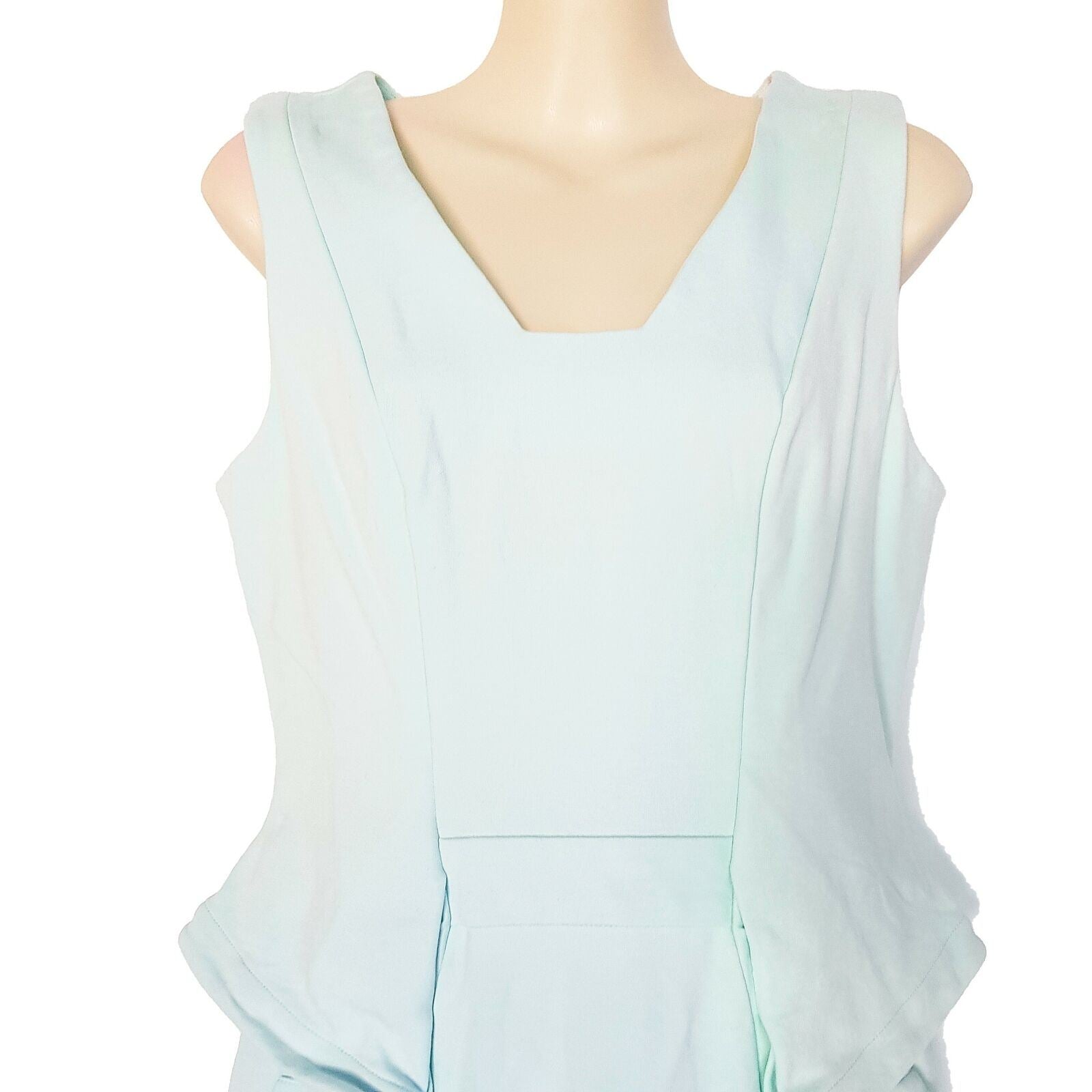 CUE Dress 10 Midi Light Blue Sleeveless V-Neck Peplum Sheath Workwear Officewear