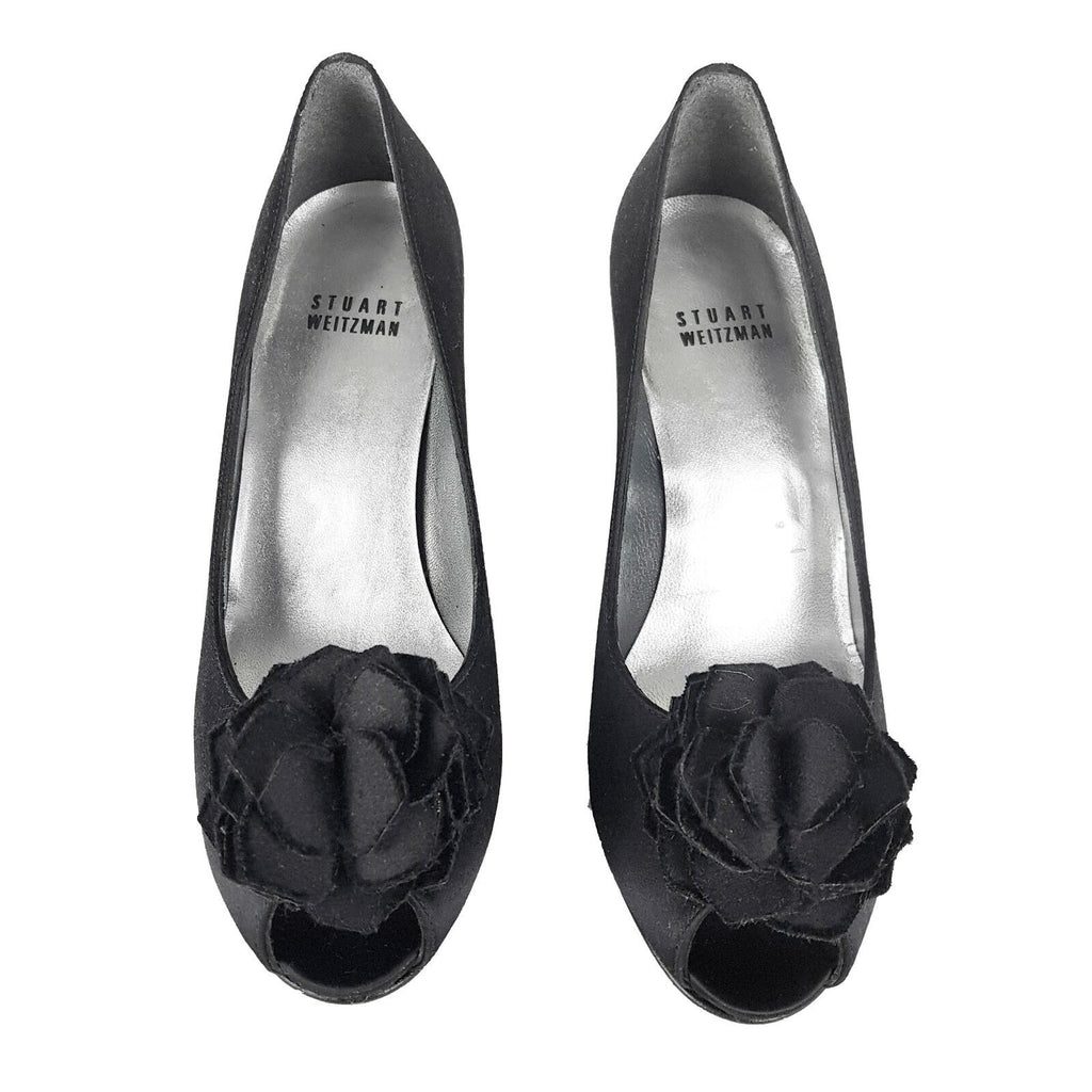 STUART WEITZMAN Black Suede Peep Toe Rosette Detail Womens Pumps Heels Shoes 5.5
