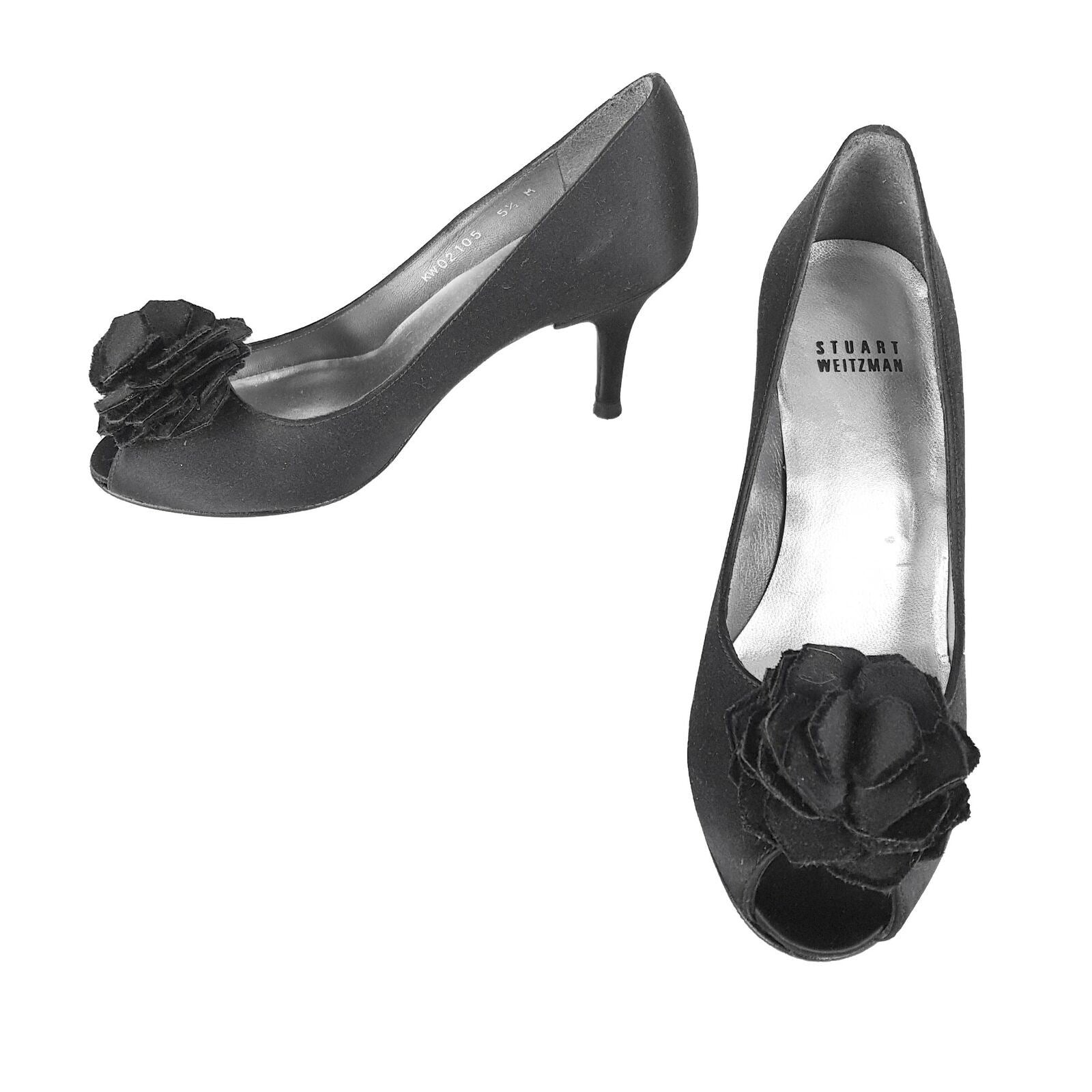 STUART WEITZMAN Black Suede Peep Toe Rosette Detail Womens Pumps Heels Shoes 5.5